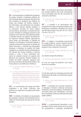 CONSTITUIÇÃO FEDERAL Art. 37
ConstituiçãodaRepúblicaFederativadoBrasil
Constituição
Federal
157
ƒƒ Inciso X com redação dada pelo art. 3° da EC
n° 19/1998.
XI – a remuneração e o subsídio dos ocupantes
de cargos, funções e empregos públicos da
administraçãodireta,autárquicaefundacional,
dos membros de qualquer dos Poderes da
União, dos Estados, do Distrito Federal e
dos Municípios, dos detentores de mandato
eletivo e dos demais agentes políticos e
os proventos, pensões ou outra espécie
remuneratória, percebidos cumulativamente
ou não, incluídas as vantagens pessoais ou de
qualqueroutranatureza,nãopoderãoexceder
o subsídio mensal, em espécie, dos Ministros
do Supremo Tribunal Federal, aplicando-se
como limite, nos Municípios, o subsídio do
Prefeito, e nos Estados e no Distrito Federal, o
subsídio mensal do Governador no âmbito do
Poder Executivo, o subsídio dos Deputados
Estaduais e Distritais no âmbito do Poder
Legislativo e o subsídio dos Desembargadores
do Tribunal de Justiça, limitado a noventa
inteiros e vinte e cinco centésimos por
cento do subsídio mensal, em espécie, dos
Ministros do Supremo Tribunal Federal, no
âmbito do Poder Judiciário, aplicável este
limite aos membros do Ministério Público, aos
Procuradores e aos Defensores Públicos;
ƒƒ Inciso XI com redação dada pelo art. 1° da EC
n° 41/2003.
ƒƒ Ac.-TSE, de 13.8.2009, no REspe n° 25.129: im-
possibilidadedeconsiderarsimultaneamente,
para fins de aferição do referido teto consti-
tucional e consequente limitação dos valores
auferidos, a percepção de aposentadoria,
bem como de pensão decorrente da morte
de cônjuge.
XII – os vencimentos dos cargos do Poder
Legislativo e do Poder Judiciário não
poderão ser superiores aos pagos pelo Poder
Executivo;
XIII – é vedada a vinculação ou equiparação
de quaisquer espécies remuneratórias para o
efeito de remuneração de pessoal do serviço
público;
ƒƒ Inciso XIII com redação dada pelo art. 3° da
EC n° 19/1998.
XIV – os acréscimos pecuniários percebidos
por servidor público não serão computados
nem acumulados para fins de concessão de
acréscimos ulteriores;
ƒƒ Inciso XIV com redação dada pelo art. 3° da
EC n° 19/1998.
XV – o subsídio e os vencimentos dos
ocupantes de cargos e empregos públicos são
irredutíveis, ressalvado o disposto nos incisos
XI e XIV deste artigo e nos arts. 39, § 4°, 150, II,
153, III, e 153, § 2°, I;
ƒƒ Inciso XV com redação dada pelo art. 3° da
EC n° 19/1998.
XVI – é vedada a acumulação remunerada
de cargos públicos, exceto, quando houver
compatibilidade de horários, observado em
qualquer caso o disposto no inciso XI:
ƒƒ Inciso XVI com redação dada pelo art. 3° da
EC n° 19/1998.
a) a de dois cargos de professor;
ƒƒ Alíneaaacrescidapeloart.3°daECn°19/1998.
b) a de um cargo de professor com outro,
técnico ou científico;
ƒƒ Alínea b com redação dada pelo art. 3° da EC
n° 19/1998.
c) a de dois cargos ou empregos privativos de
profissionais de saúde, com profissões regula-
mentadas;
ƒƒ Alínea c com redação dada pelo art. 1° da EC
n° 34/2001.
XVII – a proibição de acumular estende-se
a empregos e funções e abrange autarquias,
fundações, empresas públicas, sociedades de
economia mista, suas subsidiárias, e socieda-
des controladas, direta ou indiretamente, pelo
poder público;
ƒƒ Inciso XVII com redação dada pelo art. 3° da
EC n° 19/1998.
XVIII – a administração fazendária e seus
servidores fiscais terão, dentro de suas áreas
de competência e jurisdição, precedência
 