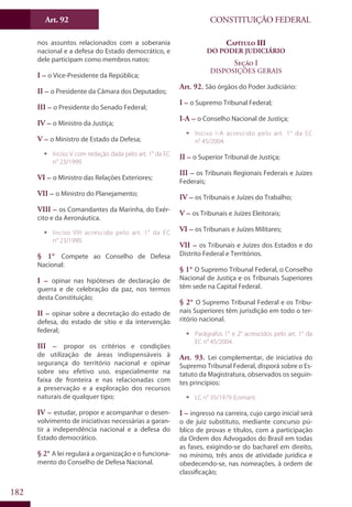 CONSTITUIÇÃO FEDERALArt. 92
182
nos assuntos relacionados com a soberania
nacional e a defesa do Estado democrático, e
dele participam como membros natos:
I – o Vice-Presidente da República;
II – o Presidente da Câmara dos Deputados;
III – o Presidente do Senado Federal;
IV – o Ministro da Justiça;
V – o Ministro de Estado da Defesa;
ƒƒ Inciso V com redação dada pelo art. 1° da EC
n° 23/1999.
VI – o Ministro das Relações Exteriores;
VII – o Ministro do Planejamento;
VIII – os Comandantes da Marinha, do Exér-
cito e da Aeronáutica.
ƒƒ Inciso VIII acrescido pelo art. 1° da EC
n° 23/1999.
§ 1° Compete ao Conselho de Defesa
Nacional:
I – opinar nas hipóteses de declaração de
guerra e de celebração da paz, nos termos
desta Constituição;
II – opinar sobre a decretação do estado de
defesa, do estado de sítio e da intervenção
federal;
III – propor os critérios e condições
de utilização de áreas indispensáveis à
segurança do território nacional e opinar
sobre seu efetivo uso, especialmente na
faixa de fronteira e nas relacionadas com
a preservação e a exploração dos recursos
naturais de qualquer tipo;
IV – estudar, propor e acompanhar o desen-
volvimento de iniciativas necessárias a garan-
tir a independência nacional e a defesa do
Estado democrático.
§ 2° A lei regulará a organização e o funciona-
mento do Conselho de Defesa Nacional.
Capítulo III
Do Poder Judiciário
Seção I
Disposições Gerais
Art. 92. São órgãos do Poder Judiciário:
I – o Supremo Tribunal Federal;
I-A – o Conselho Nacional de Justiça;
ƒƒ Inciso I-A acrescido pelo art. 1° da EC
n° 45/2004.
II – o Superior Tribunal de Justiça;
III – os Tribunais Regionais Federais e Juízes
Federais;
IV – os Tribunais e Juízes do Trabalho;
V – os Tribunais e Juízes Eleitorais;
VI – os Tribunais e Juízes Militares;
VII – os Tribunais e Juízes dos Estados e do
Distrito Federal e Territórios.
§ 1° O Supremo Tribunal Federal, o Conselho
Nacional de Justiça e os Tribunais Superiores
têm sede na Capital Federal.
§ 2° O Supremo Tribunal Federal e os Tribu-
nais Superiores têm jurisdição em todo o ter-
ritório nacional.
ƒƒ Parágrafos 1° e 2° acrescidos pelo art. 1° da
EC n° 45/2004.
Art. 93. Lei complementar, de iniciativa do
Supremo Tribunal Federal, disporá sobre o Es-
tatuto da Magistratura, observados os seguin-
tes princípios:
ƒƒ LC n° 35/1979 (Loman).
I – ingresso na carreira, cujo cargo inicial será
o de juiz substituto, mediante concurso pú-
blico de provas e títulos, com a participação
da Ordem dos Advogados do Brasil em todas
as fases, exigindo-se do bacharel em direito,
no mínimo, três anos de atividade jurídica e
obedecendo-se, nas nomeações, à ordem de
classificação;
 