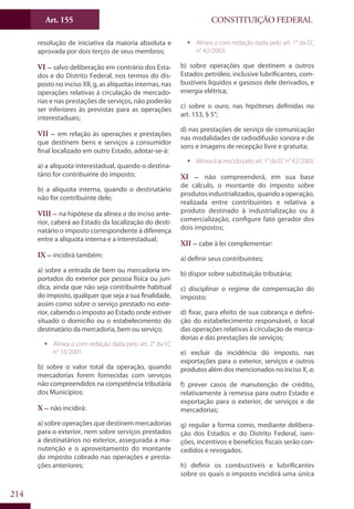CONSTITUIÇÃO FEDERALArt. 155
214
resolução de iniciativa da maioria absoluta e
aprovada por dois terços de seus membros;
VI – salvo deliberação em contrário dos Esta-
dos e do Distrito Federal, nos termos do dis-
posto no inciso XII, g, as alíquotas internas, nas
operações relativas à circulação de mercado-
rias e nas prestações de serviços, não poderão
ser inferiores às previstas para as operações
interestaduais;
VII – em relação às operações e prestações
que destinem bens e serviços a consumidor
final localizado em outro Estado, adotar-se-á:
a) a alíquota interestadual, quando o destina-
tário for contribuinte do imposto;
b) a alíquota interna, quando o destinatário
não for contribuinte dele;
VIII – na hipótese da alínea a do inciso ante-
rior, caberá ao Estado da localização do desti-
natário o imposto correspondente à diferença
entre a alíquota interna e a interestadual;
IX – incidirá também:
a) sobre a entrada de bem ou mercadoria im-
portados do exterior por pessoa física ou jurí-
dica, ainda que não seja contribuinte habitual
do imposto, qualquer que seja a sua finalidade,
assim como sobre o serviço prestado no exte-
rior, cabendo o imposto ao Estado onde estiver
situado o domicílio ou o estabelecimento do
destinatário da mercadoria, bem ou serviço;
ƒƒ Alínea a com redação dada pelo art. 2° da EC
n° 33/2001.
b) sobre o valor total da operação, quando
mercadorias forem fornecidas com serviços
não compreendidos na competência tributária
dos Municípios;
X – não incidirá:
a) sobre operações que destinem mercadorias
para o exterior, nem sobre serviços prestados
a destinatários no exterior, assegurada a ma-
nutenção e o aproveitamento do montante
do imposto cobrado nas operações e presta-
ções anteriores;
ƒƒ Alínea a com redação dada pelo art. 1° da EC
n° 42/2003.
b) sobre operações que destinem a outros
Estados petróleo, inclusive lubrificantes, com-
bustíveis líquidos e gasosos dele derivados, e
energia elétrica;
c) sobre o ouro, nas hipóteses definidas no
art. 153, § 5°;
d) nas prestações de serviço de comunicação
nas modalidades de radiodifusão sonora e de
sons e imagens de recepção livre e gratuita;
ƒƒ Alíneadacrescidapeloart.1°daECn°42/2003.
XI – não compreenderá, em sua base
de cálculo, o montante do imposto sobre
produtosindustrializados,quandoaoperação,
realizada entre contribuintes e relativa a
produto destinado à industrialização ou à
comercialização, configure fato gerador dos
dois impostos;
XII – cabe à lei complementar:
a) definir seus contribuintes;
b) dispor sobre substituição tributária;
c) disciplinar o regime de compensação do
imposto;
d) fixar, para efeito de sua cobrança e defini-
ção do estabelecimento responsável, o local
das operações relativas à circulação de merca-
dorias e das prestações de serviços;
e) excluir da incidência do imposto, nas
exportações para o exterior, serviços e outros
produtos além dos mencionados no inciso X, a;
f) prever casos de manutenção de crédito,
relativamente à remessa para outro Estado e
exportação para o exterior, de serviços e de
mercadorias;
g) regular a forma como, mediante delibera-
ção dos Estados e do Distrito Federal, isen-
ções, incentivos e benefícios fiscais serão con-
cedidos e revogados.
h) definir os combustíveis e lubrificantes
sobre os quais o imposto incidirá uma única
 