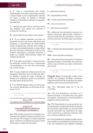 CONSTITUIÇÃO FEDERALArt. 170
222
§ 3° Para o cumprimento dos limites
estabelecidos com base neste artigo, durante
o prazo fixado na lei complementar referida
no caput, a União, os Estados, o Distrito
Federal e os Municípios adotarão as seguintes
providências:
I – redução em pelo menos vinte por cento
das despesas com cargos em comissão e
funções de confiança;
II – exoneração dos servidores não estáveis.
§ 4° Se as medidas adotadas com base no
parágrafo anterior não forem suficientes para
assegurar o cumprimento da determinação
da lei complementar referida neste artigo, o
servidor estável poderá perder o cargo, desde
que ato normativo motivado de cada um dos
Poderes especifique a atividade funcional, o
órgão ou unidade administrativa objeto da
redução de pessoal.
§ 5° O servidor que perder o cargo na forma
do parágrafo anterior fará jus a indenização
correspondente a um mês de remuneração
por ano de serviço.
§ 6° O cargo objeto da redução prevista nos
parágrafos anteriores será considerado extin-
to, vedada a criação de cargo, emprego ou
função com atribuições iguais ou assemelha-
das pelo prazo de quatro anos.
§ 7° Lei federal disporá sobre as normas ge-
rais a serem obedecidas na efetivação do dis-
posto no § 4°.
ƒƒ Parágrafos 2° a 7° acrescidos pelo art. 21 da
EC n° 19/1998.
Título VII
Da Ordem Econômica e Financeira
Capítulo I
Dos Princípios Gerais da
Atividade Econômica
Art. 170. A ordem econômica, fundada na va-
lorização do trabalho humano e na livre inicia-
tiva, tem por fim assegurar a todos existência
digna, conforme os ditames da justiça social,
observados os seguintes princípios:
I – soberania nacional;
II – propriedade privada;
III – função social da propriedade;
IV – livre concorrência;
V – defesa do consumidor;
VI – defesa do meio ambiente, inclusive me-
diante tratamento diferenciado conforme o
impacto ambiental dos produtos e serviços e
de seus processos de elaboração e prestação;
ƒƒ Inciso VI com redação dada pelo art. 1° da EC
n° 42/2003.
VII – redução das desigualdades regionais e
sociais;
VIII – busca do pleno emprego;
IX – tratamento favorecido para as empresas
de pequeno porte constituídas sob as leis bra-
sileiras e que tenham sua sede e administra-
ção no País.
ƒƒ Inciso IX com redação dada pelo art. 1° da EC
n° 6/1995.
Parágrafo único. É assegurado a todos o livre
exercício de qualquer atividade econômica,
independentemente de autorização de órgãos
públicos, salvo nos casos previstos em lei.
Art. 171. (Revogado pelo art. 3° da EC
n° 6/1995).
Art. 172. A lei disciplinará, com base no in-
teresse nacional, os investimentos de capital
estrangeiro, incentivará os reinvestimentos e
regulará a remessa de lucros.
Art. 173. Ressalvados os casos previstos nes-
ta Constituição, a exploração direta de ativida-
de econômica pelo Estado só será permitida
quando necessária aos imperativos da segu-
rança nacional ou a relevante interesse cole-
tivo, conforme definidos em lei.
§ 1° Aleiestabeleceráoestatutojurídicodaem-
presa pública, da sociedade de economia mista
e de suas subsidiárias que explorem atividade
 