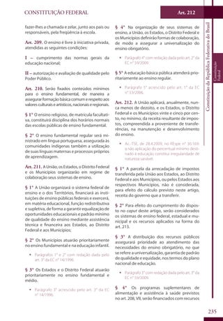 CONSTITUIÇÃO FEDERAL Art. 212
ConstituiçãodaRepúblicaFederativadoBrasil
Constituição
Federal
235
fazer-lhes a chamada e zelar, junto aos pais ou
responsáveis, pela freqüência à escola.
Art. 209. O ensino é livre à iniciativa privada,
atendidas as seguintes condições:
I – cumprimento das normas gerais da
educação nacional;
II – autorização e avaliação de qualidade pelo
Poder Público.
Art. 210. Serão fixados conteúdos mínimos
para o ensino fundamental, de maneira a
assegurarformaçãobásicacomumerespeitoaos
valoresculturaiseartísticos,nacionaiseregionais.
§ 1° O ensino religioso, de matrícula facultati-
va, constituirá disciplina dos horários normais
das escolas públicas de ensino fundamental.
§ 2° O ensino fundamental regular será mi-
nistrado em língua portuguesa, assegurada às
comunidades indígenas também a utilização
de suas línguas maternas e processos próprios
de aprendizagem.
Art. 211. AUnião,osEstados,oDistritoFederal
e os Municípios organizarão em regime de
colaboração seus sistemas de ensino.
§ 1° A União organizará o sistema federal de
ensino e o dos Territórios, financiará as insti-
tuições de ensino públicas federais e exercerá,
em matéria educacional, função redistributiva
e supletiva, de forma a garantir equalização de
oportunidades educacionais e padrão mínimo
de qualidade do ensino mediante assistência
técnica e financeira aos Estados, ao Distrito
Federal e aos Municípios;
§ 2° Os Municípios atuarão prioritariamente
no ensino fundamental e na educação infantil.
ƒƒ Parágrafos 1° e 2° com redação dada pelo
art. 3° da EC n° 14/1996.
§ 3° Os Estados e o Distrito Federal atuarão
prioritariamente no ensino fundamental e
médio.
ƒƒ Parágrafo 3° acrescido pelo art. 3° da EC
n° 14/1996.
§ 4° Na organização de seus sistemas de
ensino, a União, os Estados, o Distrito Federal e
os Municípios definirão formas de colaboração,
de modo a assegurar a universalização do
ensino obrigatório.
ƒƒ Parágrafo 4° com redação dada pelo art. 2° da
EC n° 59/2009.
§ 5° A educação básica pública atenderá prio-
ritariamente ao ensino regular.
ƒƒ Parágrafo 5° acrescido pelo art. 1° da EC
n° 53/2006.
Art. 212. A União aplicará, anualmente, nun-
ca menos de dezoito, e os Estados, o Distrito
Federal e os Municípios vinte e cinco por cen-
to, no mínimo, da receita resultante de impos-
tos, compreendida a proveniente de transfe-
rências, na manutenção e desenvolvimento
do ensino.
ƒƒ Ac.-TSE, de 28.4.2009, no REspe n° 30.169:
a não aplicação do percentual mínimo desti-
nado à educação constitui irregularidade de
natureza sanável.
§ 1° A parcela da arrecadação de impostos
transferida pela União aos Estados, ao Distrito
Federal e aos Municípios, ou pelos Estados aos
respectivos Municípios, não é considerada,
para efeito do cálculo previsto neste artigo,
receita do governo que a transferir.
§ 2° Para efeito do cumprimento do dispos-
to no caput deste artigo, serão considerados
os sistemas de ensino federal, estadual e mu-
nicipal e os recursos aplicados na forma do
art. 213.
§ 3° A distribuição dos recursos públicos
assegurará prioridade ao atendimento das
necessidades do ensino obrigatório, no que
se refere a universalização, garantia de padrão
de qualidade e equidade, nos termos do plano
nacional de educação.
ƒƒ Parágrafo 3° com redação dada pelo art. 3° da
EC n° 59/2009.
§ 4° Os programas suplementares de
alimentação e assistência à saúde previstos
no art. 208, VII, serão financiados com recursos
 