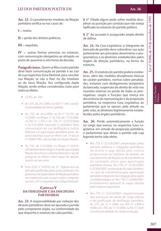 LEI DOS PARTIDOS POLÍTICOS Art. 26
Lein°9.096,de19desetembrode1995
LeidosPartidos
Políticos
307
Art. 22. O cancelamento imediato da filiação
partidária verifica-se nos casos de:
I – morte;
II – perda dos direitos políticos;
III – expulsão;
IV – outras formas previstas no estatuto,
com comunicação obrigatória ao atingido no
prazo de quarenta e oito horas da decisão.
Parágrafo único. Quem se filia a outro partido
deve fazer comunicação ao partido e ao Juiz
de sua respectiva Zona Eleitoral, para cancelar
sua filiação; se não o fizer no dia imediato
ao da nova filiação, fica configurada dupla
filiação, sendo ambas consideradas nulas para
todos os efeitos.
ƒƒ CE/65, art. 320.
99 Ac.-STF, de 24.2.2005, na ADI n° 1.465: consti-
tucionalidade do trecho grifado.
ƒƒ Ac.-TSE, de 26.5.2009, no AI n° 10.745; de
5.2.2009, no REspe n° 32.726; de 17.10.2006,
no RO n° 1.195 e Ac.-TSE nos
22.375/2004
e 22.132/2004: havendo o candidato feito
comunicação de sua desfiliação à Justiça
Eleitoral e à agremiação partidária antes do
envio das listas a que se refere o art. 19 da Lei
n° 9.096/1995, não há falar em dupla filiação.
ƒƒ Ac.-TSE, de 3.10.2006, no REspe n° 26.433:
afinalidadedesteartigoéimpedirqueadupla
filiação desvirtue o certame eleitoral e não de
assegurar ao eleitor maior leque de opções
quanto ao seu voto.
ƒƒ Prov.-CGE n° 2/2010, art. 6°: “Aplicar-se-á às
decisões proferidas pelos juízos eleitorais nos
processosdeduplicidadedefiliaçãopartidária,
emmatériarecursal,noquecouber,odisposto
nos arts. 257 e seguintes do Código Eleitoral”.
Capítulo V
Da Fidelidade e da Disciplina
Partidárias
Art. 23. A responsabilidade por violação dos
deveres partidários deve ser apurada e punida
pelo competente órgão, na conformidade do
que disponha o estatuto de cada partido.
§ 1° Filiado algum pode sofrer medida disci-
plinar ou punição por conduta que não esteja
tipificada no estatuto do partido político.
§ 2° Ao acusado é assegurado amplo direito
de defesa.
Art. 24. Na Casa Legislativa, o integrante da
bancada de partido deve subordinar sua ação
parlamentar aos princípios doutrinários e pro-
gramáticos e às diretrizes estabelecidas pelos
órgãos de direção partidários, na forma do
estatuto.
Art. 25. O estatuto do partido poderá estabe-
lecer, além das medidas disciplinares básicas
de caráter partidário, normas sobre penalida-
des, inclusive com desligamento temporário
da bancada, suspensão do direito de voto nas
reuniões internas ou perda de todas as prer-
rogativas, cargos e funções que exerça em
decorrência da representação e da proporção
partidária, na respectiva Casa Legislativa, ao
parlamentar que se opuser, pela atitude ou
pelo voto, às diretrizes legitimamente estabe-
lecidas pelos órgãos partidários.
Art. 26. Perde automaticamente a função
ou cargo que exerça, na respectiva Casa Le-
gislativa, em virtude da proporção partidária,
o parlamentar que deixar o partido sob cuja
legenda tenha sido eleito.
ƒƒ Res.-TSE n° 22.526/2007: preservação, pelos
partidos políticos e coligações partidárias,
do direito à vaga obtida pelo sistema
proporcional na hipótese de pedido de
cancelamento de filiação ou de transferência
do candidato eleito para agremiação
partidária diversa. Res.-TSE nos
22.563/2007
e 22.580/2007: preservação da vaga, também,
no caso de transferência para agremiação
partidária integrante da coligação pela qual o
candidato elegeu-se. Res.-TSE n° 22.600/2007:
entendimento aplicável às vagas obtidas
pelo sistema majoritário.
ƒƒ Res.-TSE n° 22.610/2007: regulamentação
dos processos de perda de cargo eletivo
e de justificação de desfiliação partidária.
Ac.-STF, de 12.11.2008, nas ADI nos
3.999 e
4.086 e Ac.-TSE, de 11.10.2008, na AC n° 2.424:
constitucionalidade da citada resolução.
 