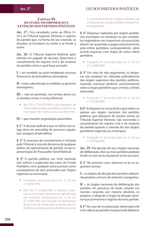 LEI DOS PARTIDOS POLÍTICOSArt. 27
308
Capítulo VI
Da Fusão, IncoRporação e
Extinção dos Partidos Políticos
Art. 27. Fica cancelado, junto ao Ofício Ci-
vil e ao Tribunal Superior Eleitoral, o registro
do partido que, na forma de seu estatuto, se
dissolva, se incorpore ou venha a se fundir a
outro.
Art. 28. O Tribunal Superior Eleitoral, após
trânsito em julgado de decisão, determina o
cancelamento do registro civil e do estatuto
do partido contra o qual fique provado:
I – ter recebido ou estar recebendo recursos
financeiros de procedência estrangeira;
II – estar subordinado a entidade ou governo
estrangeiros;
III – não ter prestado, nos termos desta Lei,
as devidas contas à Justiça Eleitoral;
ƒƒ Res.-TSE n° 20.679/2000: a não prestação de
contas pelos órgãos partidários regionais ou
municipais não implica o seu cancelamento.
IV – que mantém organização paramilitar.
§ 1° A decisão judicial a que se refere este ar-
tigo deve ser precedida de processo regular,
que assegure ampla defesa.
§ 2° O processo de cancelamento é iniciado
pelo Tribunal à vista de denúncia de qualquer
eleitor, de representante de partido, ou de re-
presentação do Procurador-Geral Eleitoral.
§ 3° O partido político, em nível nacional,
não sofrerá a suspensão das cotas do Fundo
Partidário, nem qualquer outra punição como
conseqüência de atos praticados por órgãos
regionais ou municipais.
ƒƒ Parágrafo acrescido pelo art. 2° da Lei
n° 9.693/1998.
ƒƒ Res.-TSE n° 22.090/2005: o diretório regio-
nal ou municipal diretamente beneficiado
por conduta vedada pelo art. 73 da Lei
n° 9.504/1997 será excluído da distribuição
de recursos de multas dela oriundas, cuja im-
portância será decotada do diretório nacional,
e sucessivamente dos órgãos inferiores, de
modo a atingir o órgão partidário efetivamen-
te responsável.
§ 4° Despesas realizadas por órgãos partidá-
rios municipais ou estaduais ou por candida-
tos majoritários nas respectivas circunscrições
devem ser assumidas e pagas exclusivamente
pela esfera partidária correspondente, salvo
acordo expresso com órgão de outra esfera
partidária.
ƒƒ Parágrafo 4° acrescido pelo art. 2° da Lei
n° 12.034/2009.
§ 5° Em caso de não pagamento, as despe-
sas não poderão ser cobradas judicialmente
dos órgãos superiores dos partidos políticos,
recaindo eventual penhora exclusivamente
sobre o órgão partidário que contraiu a dívida
executada.
ƒƒ Parágrafo 5° acrescido pelo art. 2° da Lei
n° 12.034/2009.
§ 6° O disposto no inciso III do caput refere-se
apenas aos órgãos nacionais dos partidos
políticos que deixarem de prestar contas ao
Tribunal Superior Eleitoral, não ocorrendo o
cancelamento do registro civil e do estatuto
do partido quando a omissão for dos órgãos
partidários regionais ou municipais.
ƒƒ Parágrafo 6° acrescido pelo art. 2° da Lei
n° 12.034/2009.
Art. 29. Por decisão de seus órgãos nacionais
de deliberação, dois ou mais partidos poderão
fundir-se num só ou incorporar-se um ao outro.
§ 1° No primeiro caso, observar-se-ão as se-
guintes normas:
I – os órgãos de direção dos partidos elabora-
rão projetos comuns de estatuto e programa;
II – os órgãos nacionais de deliberação dos
partidos em processo de fusão votarão em
reunião conjunta, por maioria absoluta, os
projetos, e elegerão o órgão de direção nacio-
nal que promoverá o registro do novo partido.
§ 2° No caso de incorporação, observada a lei
civil, caberá ao partido incorporando deliberar
 