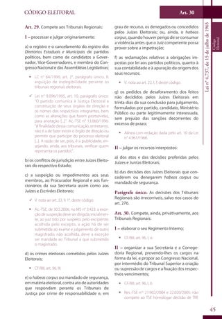 Art. 30
45
CÓDIGO ELEITORAL
Lein°4.737,de15dejulhode1965
Código
Eleitoral
Art. 29. Compete aos Tribunais Regionais:
I – processar e julgar originariamente:
a) o registro e o cancelamento do registro dos
Diretórios Estaduais e Municipais de partidos
políticos, bem como de candidatos a Gover-
nador, Vice-Governadores, e membro do Con-
gresso Nacional e das Assembléias Legislativas;
ƒƒ LC n° 64/1990, art. 2°, parágrafo único, II:
arguição de inelegibilidade perante os
tribunais regionais eleitorais.
99 Lei n° 9.096/1995, art. 10, parágrafo único:
“O partido comunica à Justiça Eleitoral a
constituição de seus órgãos de direção e
os nomes dos respectivos integrantes, bem
como as alterações que forem promovidas,
para anotação [...]”. Ac.-TSE n° 13.060/1996:
“A finalidade dessa comunicação, entretanto,
não é a de fazer existir o órgão de direção ou
permitir que participe do processo eleitoral
[...]. A razão de ser, pois, é a publicidade, en-
sejando, ainda, aos tribunais, verificar quem
representa os partidos”.
b) os conflitos de jurisdição entre Juízes Eleito-
rais do respectivo Estado;
c) a suspeição ou impedimentos aos seus
membros, ao Procurador Regional e aos fun-
cionários da sua Secretaria assim como aos
Juízes e Escrivães Eleitorais;
99 V. nota ao art. 33, § 1°, deste código.
ƒƒ Ac.-TSE, de 30.5.2006, no MS n° 3.423: a exce-
çãodesuspeiçãodeveserdirigida,inicialmen-
te, ao juiz tido por suspeito pelo excipiente;
acolhida pelo excepto, a ação há de ser
submetida ao exame e julgamento de outro
magistrado; não acolhida, deve a exceção
ser mandada ao Tribunal a que submetido
o magistrado.
d) os crimes eleitorais cometidos pelos Juízes
Eleitorais;
ƒƒ CF/88, art. 96, III.
e) o habeas corpus ou mandado de segurança,
emmatériaeleitoral,contraatodeautoridades
que respondam perante os Tribunais de
Justiça por crime de responsabilidade e, em
grau de recurso, os denegados ou concedidos
pelos Juízes Eleitorais; ou, ainda, o habeas
corpus, quando houver perigo de se consumar
a violência antes que o Juiz competente possa
prover sobre a impetração;
f) as reclamações relativas a obrigações im-
postas por lei aos partidos políticos, quanto à
sua contabilidade e à apuração da origem dos
seus recursos;
ƒƒ V. nota ao art. 22, I, f, deste código.
g) os pedidos de desaforamento dos feitos
não decididos pelos Juízes Eleitorais em
trinta dias da sua conclusão para julgamento,
formulados por partido, candidato, Ministério
Público ou parte legitimamente interessada,
sem prejuízo das sanções decorrentes do
excesso de prazo;
ƒƒ Alínea com redação dada pelo art. 10 da Lei
n° 4.961/1966.
II – julgar os recursos interpostos:
a) dos atos e das decisões proferidas pelos
Juízes e Juntas Eleitorais;
b) das decisões dos Juízes Eleitorais que con-
cederem ou denegarem habeas corpus ou
mandado de segurança.
Parágrafo único. As decisões dos Tribunais
Regionais são irrecorríveis, salvo nos casos do
art. 276.
Art. 30. Compete, ainda, privativamente, aos
Tribunais Regionais:
I – elaborar o seu Regimento Interno;
ƒƒ CF/88, art. 96, I, a.
II – organizar a sua Secretaria e a Correge-
doria Regional, provendo-lhes os cargos na
forma da lei, e propor ao Congresso Nacional,
por intermédio do Tribunal Superior a criação
ou supressão de cargos e a fixação dos respec-
tivos vencimentos;
ƒƒ CF/88, art. 96, I, b.
ƒƒ Res.-TSE nos
21.902/2004 e 22.020/2005: não
compete ao TSE homologar decisão de TRE
 