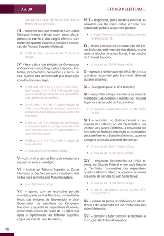 Art. 30
46
CÓDIGO ELEITORAL
que aprova criação de escola judiciária no
âmbito de sua jurisdição.
III – conceder aos seus membros e aos Juízes
Eleitorais licença e férias, assim como afasta-
mento do exercício dos cargos efetivos, sub-
metendo, quanto àqueles, a decisão à aprova-
ção do Tribunal Superior Eleitoral;
ƒƒ CF/88, art. 96, I, f, e nota ao art. 23, IV, deste
código.
IV – fixar a data das eleições de Governador
e Vice-Governador, Deputados Estaduais, Pre-
feitos, Vice-Prefeitos, Vereadores e Juízes de
Paz, quando não determinada por disposição
constitucional ou legal;
ƒƒ CF/88, arts. 28 e 29, II, e Lei n° 9.504/1997,
arts.1°,caput;2°,§1°;e3°,§2°:fixaçãodedatas
paraeleiçãodegovernadorevice-governador
e de prefeito e vice-prefeito.
ƒƒ Lei n° 9.504/1997, art. 1°, caput: fixação de
datas para eleição de senador, deputado
federal, deputado estadual, deputado distrital
e vereador.
ƒƒ CF/88, art. 32, § 2°: eleições de governador
e vice-governador e de deputados distritais
coincidentes com as de governadores e
deputados estaduais.
ƒƒ CF/88, arts. 14, § 3°, VI, c, e 98, II: criação da
Justiça de Paz.
ƒƒ V. notas ao art. 23, VII, deste código.
V – constituir as Juntas Eleitorais e designar a
respectiva sede e jurisdição;
VI – indicar ao Tribunal Superior as Zonas
Eleitorais ou Seções em que a contagem dos
votos deva ser feita pela Mesa Receptora;
ƒƒ V. art. 188 deste código.
VII – apurar, com os resultados parciais
enviados pelas Juntas Eleitorais, os resultados
finais das eleições de Governador e Vice-
Governador, de membros do Congresso
Nacional e expedir os respectivos diplomas,
remetendo dentro do prazo de 10 (dez) dias
após a diplomação, ao Tribunal Superior,
cópia das atas de seus trabalhos;
VIII – responder, sobre matéria eleitoral, às
consultas que lhe forem feitas, em tese, por
autoridade pública ou partido político;
ƒƒ V. inciso XII do art. 23 deste código: consulta
no âmbito do TSE.
IX – dividir a respectiva circunscrição em Zo-
nas Eleitorais, submetendo esta divisão, assim
como a criação de novas Zonas, à aprovação
do Tribunal Superior;
ƒƒ V. nota ao art. 23, VIII, deste código.
X – aprovar a designação do ofício de Justiça
que deva responder pela Escrivania Eleitoral
durante o biênio;
XI – (Revogado pela Lei n° 8.868/94.);
XII – requisitar a força necessária ao cumpri-
mento de suas decisões e solicitar ao Tribunal
Superior a requisição de força federal;
99 V. segunda a sexta notas ao art. 23, XIV, deste
código.
XIII – autorizar, no Distrito Federal e nas
capitais dos Estados, ao seu Presidente e, no
interior, aos Juízes Eleitorais, a requisição de
funcionários federais, estaduais ou municipais
para auxiliarem os Escrivães Eleitorais, quando
o exigir o acúmulo ocasional do serviço;
99 V. nota ao art. 33, § 1°, deste código.
ƒƒ V. nota ao art. 23, XVI, deste código.
XIV – requisitar funcionários da União e,
ainda, no Distrito Federal e em cada Estado
ou Território, funcionários dos respectivos
quadros administrativos, no caso de acúmulo
ocasional de serviço de suas Secretarias;
ƒƒ V. nota ao art. 23, XVI, deste código.
ƒƒ V. art. 8°, parágrafo único, da Res.-TSE
n° 23.255/2010.
XV – aplicar as penas disciplinares de adver-
tência e de suspensão até 30 (trinta) dias aos
Juízes Eleitorais;
XVI – cumprir e fazer cumprir as decisões e
instruções do Tribunal Superior;
 