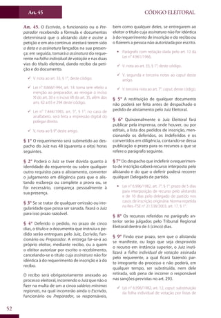 Art. 45
52
CÓDIGO ELEITORAL
Art. 45. O Escrivão, o funcionário ou o Pre-
parador recebendo a fórmula e documentos
determinará que o alistando date e assine a
petição e em ato contínuo atestará terem sido
a data e a assinatura lançados na sua presen-
ça; em seguida, tomará a assinatura do reque-
rente na folha individual de votação e nas duas
vias do título eleitoral, dando recibo da peti-
ção e do documento.
99 V. nota ao art. 33, § 1°, deste código.
99 Lei n° 8.868/1994, art. 14: torna sem efeito a
menção ao preparador, ao revogar o inciso
XI do art. 30 e o inciso VII do art. 35, além dos
arts. 62 a 65 e 294 deste código.
99 Lei n° 7.444/1985, art. 5°, § 1°: no caso de
analfabeto, será feita a impressão digital do
polegar direito.
99 V. nota ao § 9° deste artigo.
§ 1° O requerimento será submetido ao des-
pacho do Juiz nas 48 (quarenta e oito) horas
seguintes.
§ 2° Poderá o Juiz se tiver dúvida quanto à
identidade do requerente ou sobre qualquer
outro requisito para o alistamento, converter
o julgamento em diligência para que o alis-
tando esclareça ou complete a prova ou, se
for necessário, compareça pessoalmente à
sua presença.
§ 3° Se se tratar de qualquer omissão ou irre-
gularidade que possa ser sanada, fixará o Juiz
para isso prazo razoável.
§ 4° Deferido o pedido, no prazo de cinco
dias, o título e o documento que instruiu o pe-
dido serão entregues pelo Juiz, Escrivão, fun-
cionário ou Preparador. A entrega far-se-á ao
próprio eleitor, mediante recibo, ou a quem
o eleitor autorizar por escrito o recebimento,
cancelando-se o título cuja assinatura não for
idêntica à do requerimento de inscrição e à do
recibo.
O recibo será obrigatoriamente anexado ao
processo eleitoral, incorrendo o Juiz que não o
fizer na multa de um a cinco salários mínimos
regionais, na qual incorrerão ainda o Escrivão,
funcionário ou Preparador, se responsáveis,
bem como qualquer deles, se entregarem ao
eleitor o título cuja assinatura não for idêntica
à do requerimento de inscrição e do recibo ou
o fizerem a pessoa não autorizada por escrito.
ƒƒ Parágrafo com redação dada pelo art. 12 da
Lei n° 4.961/1966.
99 V. nota ao art. 33, § 1°, deste código.
99 V. segunda e terceira notas ao caput deste
artigo.
99 V. terceira nota ao art. 7°, caput, deste código.
§ 5° A restituição de qualquer documento
não poderá ser feita antes de despachado o
pedido de alistamento pelo Juiz Eleitoral.
§ 6° Quinzenalmente o Juiz Eleitoral fará
publicar pela imprensa, onde houver, ou por
editais, a lista dos pedidos de inscrição, men-
cionando os deferidos, os indeferidos e os
convertidos em diligência, contando-se dessa
publicação o prazo para os recursos a que se
refere o parágrafo seguinte.
§ 7° Do despacho que indeferir o requerimen-
to de inscrição caberá recurso interposto pelo
alistando e do que o deferir poderá recorrer
qualquer Delegado de partido.
ƒƒ Lei n° 6.996/1982, art. 7°, § 1°: prazo de 5 dias
para interposição de recurso pelo alistando
e de 10 dias pelo delegado de partido nos
casos de inscrição originária. Norma repetida
na Res.-TSE n° 21.538/2003, art. 17, § 1°.
§ 8° Os recursos referidos no parágrafo an-
terior serão julgados pelo Tribunal Regional
Eleitoral dentro de 5 (cinco) dias.
§ 9° Findo esse prazo, sem que o alistando
se manifeste, ou logo que seja desprovido
o recurso em instância superior, o Juiz inuti-
lizará a folha individual de votação assinada
pelo requerente, a qual ficará fazendo par-
te integrante do processo e não poderá, em
qualquer tempo, ser substituída, nem dele
retirada, sob pena de incorrer o responsável
nas sanções previstas no art. 293.
99 Lei n° 6.996/1982, art. 12, caput: substituição
da folha individual de votação por listas de
 