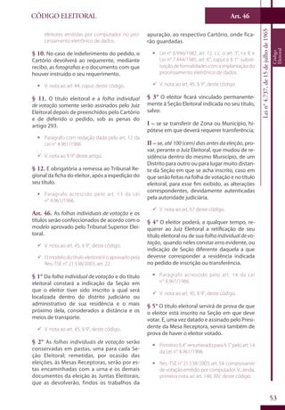 Art. 46
53
CÓDIGO ELEITORAL
Lein°4.737,de15dejulhode1965
Código
Eleitoral
eleitores emitidas por computador no pro-
cessamento eletrônico de dados.
§ 10. No caso de indeferimento do pedido, o
Cartório devolverá ao requerente, mediante
recibo, as fotografias e o documento com que
houver instruído o seu requerimento.
ƒƒ V. nota ao art. 44, caput, deste código.
§ 11. O título eleitoral e a folha individual
de votação somente serão assinados pelo Juiz
Eleitoral depois de preenchidos pelo Cartório
e de deferido o pedido, sob as penas do
artigo 293.
ƒƒ Parágrafo com redação dada pelo art. 12 da
Lei n° 4.961/1966.
99 V. nota ao § 9° deste artigo.
§ 12. É obrigatória a remessa ao Tribunal Re-
gional da ficha do eleitor, após a expedição do
seu título.
ƒƒ Parágrafo acrescido pelo art. 13 da Lei
n° 4.961/1966.
Art. 46. As folhas individuais de votação e os
títulos serão confeccionados de acordo com o
modelo aprovado pelo Tribunal Superior Elei-
toral.
99 V. nota ao art. 45, § 9°, deste código.
99 O modelo do título eleitoral é o aprovado pela
Res.-TSE n° 21.538/2003, art. 22.
§ 1° Da folha individual de votação e do título
eleitoral constará a indicação da Seção em
que o eleitor tiver sido inscrito a qual será
localizada dentro do distrito judiciário ou
administrativo de sua residência e o mais
próximo dela, considerados a distância e os
meios de transporte.
99 V. nota ao art. 45, § 9°, deste código.
§ 2° As folhas individuais de votação serão
conservadas em pastas, uma para cada Se-
ção Eleitoral; remetidas, por ocasião das
eleições, às Mesas Receptoras, serão por es-
tas encaminhadas com a urna e os demais
documentos da eleição às Juntas Eleitorais,
que as devolverão, findos os trabalhos da
apuração, ao respectivo Cartório, onde fica-
rão guardadas.
ƒƒ Lei n° 6.996/1982, art. 12, c.c. o art. 3°, I e II; e
Lei n° 7.444/1985, art. 6°, caput e § 1°: substi-
tuição de formalidades com a implantação do
processamento eletrônico de dados.
99 V. nota ao art. 45, § 9°, deste código.
§ 3° O eleitor ficará vinculado permanente-
mente à Seção Eleitoral indicada no seu título,
salvo:
I – se se transferir de Zona ou Município, hi-
pótese em que deverá requerer transferência;
II – se, até 100 (cem) dias antes da eleição, pro-
var, perante o Juiz Eleitoral, que mudou de re-
sidência dentro do mesmo Município, de um
Distrito para outro ou para lugar muito distan-
te da Seção em que se acha inscrito, caso em
que serão feitas na folha de votação e no título
eleitoral, para esse fim exibido, as alterações
correspondentes, devidamente autenticadas
pela autoridade judiciária.
99 V. nota ao art. 67 deste código.
§ 4° O eleitor poderá, a qualquer tempo, re-
querer ao Juiz Eleitoral a retificação de seu
título eleitoral ou de sua folha individual de vo-
tação, quando neles constar erro evidente, ou
indicação de Seção diferente daquela a que
devesse corresponder a residência indicada
no pedido de inscrição ou transferência.
ƒƒ Parágrafo acrescido pelo art. 14 da Lei
n° 4.961/1966.
99 V. nota ao art. 45, § 9°, deste código.
§ 5° O título eleitoral servirá de prova de que
o eleitor está inscrito na Seção em que deve
votar. E, uma vez datado e assinado pelo Presi-
dente da Mesa Receptora, servirá também de
prova de haver o eleitor votado.
ƒƒ Primitivo§4°renumeradopara§5°peloart.14
da Lei n° 4.961/1966.
ƒƒ Res.-TSE n° 21.538/2003, art. 54: comprovante
devotaçãoemitido porcomputador.V.,ainda,
primeira nota ao art. 146, XIV, deste código.
 