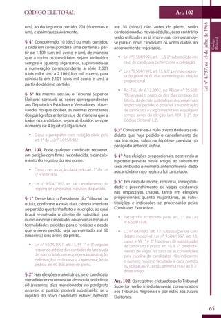 Art. 102
65
CÓDIGO ELEITORAL
Lein°4.737,de15dejulhode1965
Código
Eleitoral
um), ao do segundo partido, 201 (duzentos e
um), e assim sucessivamente.
§ 4° Concorrendo 10 (dez) ou mais partidos,
a cada um corresponderá uma centena a par-
tir de 1.101 (um mil cento e um), de maneira
que a todos os candidatos sejam atribuídos
sempre 4 (quatro) algarismos, suprimindo-se
a numeração correspondente à série 2.001
(dois mil e um) a 2.100 (dois mil e cem), para
reiniciá-la em 2.101 (dois mil cento e um), a
partir do décimo partido.
§ 5° Na mesma sessão, o Tribunal Superior
Eleitoral sorteará as séries correspondentes
aos Deputados Estaduais e Vereadores, obser-
vando, no que couber, as normas constantes
dos parágrafos anteriores, e de maneira que a
todos os candidatos, sejam atribuídos sempre
números de 4 (quatro) algarismos.
ƒƒ Caput e parágrafos com redação dada pelo
art. 1° da Lei n° 7.015/1982.
Art. 101. Pode qualquer candidato requerer,
em petição com firma reconhecida, o cancela-
mento do registro do seu nome.
ƒƒ Caput com redação dada pelo art. 1° da Lei
n° 6.553/1978.
ƒƒ Lei n° 9.504/1997, art. 14: cancelamento do
registro de candidatos expulsos do partido.
§ 1° Desse fato, o Presidente do Tribunal ou
o Juiz, conforme o caso, dará ciência imediata
ao partido que tenha feito a inscrição, ao qual
ficará ressalvado o direito de substituir por
outro o nome cancelado, observadas todas as
formalidades exigidas para o registro e desde
que o novo pedido seja apresentado até 60
(sessenta) dias antes do pleito.
ƒƒ Lei n° 9.504/1997, art. 13, §§ 1° e 3°: registro
requerido até dez dias contados do fato ou da
decisãojudicialquedeuorigemàsubstituição;
e efetivação condicionada à apresentação do
pedido até 60 dias antes do pleito.
§ 2° Nas eleições majoritárias, se o candidato
vier a falecer ou renunciar dentro do período de
60 (sessenta) dias mencionados no parágrafo
anterior, o partido poderá substituí-lo; se o
registro do novo candidato estiver deferido
até 30 (trinta) dias antes do pleito, serão
confeccionadas novas cédulas, caso contrário
serão utilizadas as já impressas, computando-
se para o novo candidato os votos dados ao
anteriormente registrado.
ƒƒ Lei n° 9.504/1997, art. 13, § 2°: substituição em
caso de candidato pertencente a coligação.
99 Lei n° 9.504/1997, art. 13, § 3°: previsão expres-
sa do prazo de 60 dias somente para eleição
proporcional.
ƒƒ Ac.-TSE, de 6.12.2007, no REspe n° 25.568:
“Observado o prazo de dez dias contado do
fato ou da decisão judicial que deu origem ao
respectivo pedido, é possível a substituição
de candidato a cargo majoritário a qualquer
tempo antes da eleição (art. 101, § 2°, do
Código Eleitoral) [...]”.
§ 3° Considerar-se-á nulo o voto dado ao can-
didato que haja pedido o cancelamento de
sua inscrição, salvo na hipótese prevista no
parágrafo anterior, in fine.
§ 4° Nas eleições proporcionais, ocorrendo a
hipótese prevista neste artigo, ao substituto
será atribuído o número anteriormente dado
ao candidato cujo registro foi cancelado.
§ 5° Em caso de morte, renúncia, inelegibili-
dade e preenchimento de vagas existentes
nas respectivas chapas, tanto em eleições
proporcionais quanto majoritárias, as subs-
tituições e indicações se processarão pelas
Comissões Executivas.
ƒƒ Parágrafo acrescido pelo art. 1° da Lei
n° 6.553/1978.
ƒƒ LC n° 64/1990, art. 17: substituição de can-
didato inelegível. Lei n° 9.504/1997, art. 13,
caput, e §§ 1° e 3°: hipóteses de substituição
de candidato e prazo; art. 10, § 5°: preenchi-
mento de vagas no caso de as convenções
para escolha de candidatos não indicarem
o número máximo facultado a cada partido
ou coligação. V., ainda, primeira nota ao § 2°
deste artigo.
Art. 102. Os registros efetuados pelo Tribunal
Superior serão imediatamente comunicados
aos Tribunais Regionais e por estes aos Juízes
Eleitorais.
 