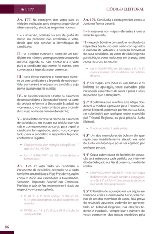 Art. 177
86
CÓDIGO ELEITORAL
Art. 177. Na contagem dos votos para as
eleições realizadas pelo sistema proporcional
observar-se-ão, ainda, as seguintes normas:
I – a inversão, omissão ou erro de grafia do
nome ou prenome não invalidará o voto,
desde que seja possível a identificação do
candidato;
II – se o eleitor escrever o nome de um can-
didato e o número correspondente a outro da
mesma legenda ou não, contar-se-á o voto
para o candidato cujo nome foi escrito, bem
como para a legenda a que pertence;
III – se o eleitor escrever o nome ou o núme-
ro de um candidato e a legenda de outro par-
tido, contar-se-á o voto para o candidato cujo
nome ou número foi escrito;
IV – se o eleitor escrever o nome ou o número
de um candidato a Deputado Federal na parte
da cédula referente a Deputado Estadual ou
vice-versa, o voto será contado para o candi-
dato cujo nome ou número foi escrito;
V – se o eleitor escrever o nome ou o número
de candidatos em espaço da cédula que não
seja o correspondente ao cargo para o qual o
candidato foi registrado, será o voto compu-
tado para o candidato e respectiva legenda,
conforme o registro.
ƒƒ Caput e incisos com redação dada pelo art. 1°
da Lei n° 8.037/1990.
ƒƒ Lei n° 9.504/1997, art. 85: votos dados a
homônimos.
Art. 178. O voto dado ao candidato a
Presidente da República entender-se-á dado
tambémaocandidatoaVice-Presidente,assim
como o dado aos candidatos a Governador,
Senador, Deputado Federal nos Territórios,
Prefeito e Juiz de Paz entender-se-á dado ao
respectivo vice ou suplente.
99 V. art. 91, § 2°, deste código. CF/88, art. 46,
§ 3°: voto abrangendo os dois suplentes de
senador.
99 CF/88, arts. 14, § 3°, VI, c, e 98, II: criação da
Justiça de Paz.
Art. 179. Concluída a contagem dos votos, a
Junta ou Turma deverá:
I – transcrever nos mapas referentes à urna a
votação apurada;
II – expedir boletim contendo o resultado da
respectiva Seção, no qual serão consignados
o número de votantes, a votação individual
de cada candidato, os votos de cada legenda
partidária, os votos nulos e os em branco, bem
como recursos, se houver.
ƒƒ Lei n° 9.504/1997, art. 68, caput, e 87, § 6°:
nome e número dos candidatos nos boletins
de urna.
§ 1° Os mapas, em todas as suas folhas, e os
boletins de apuração, serão assinados pelo
Presidente e membros da Junta e pelos Fiscais
de partido que o desejarem.
§ 2° O boletim a que se refere este artigo obe-
decerá a modelo aprovado pelo Tribunal Su-
perior Eleitoral, podendo porém, na sua falta,
ser substituído por qualquer outro expedido
por Tribunal Regional ou pela própria Junta
Eleitoral.
ƒƒ V. nota ao inciso II deste artigo.
§ 3° Um dos exemplares do boletim de apu-
ração será imediatamente afixado na sede
da Junta, em local que possa ser copiado por
qualquer pessoa.
§ 4° Cópia autenticada do boletim de apura-
ção será entregue a cada partido, por intermé-
dio do Delegado ou Fiscal presente, mediante
recibo.
ƒƒ Lei n° 9.504/1997, arts. 68, § 1°, e 87, § 2°: cópia
do boletim de urna aos partidos e coligações;
arts. 68, § 2°, e 87, § 4°: caracterização de crime
no caso de descumprimento.
§ 5° O boletim de apuração ou sua cópia au-
tenticada, com a assinatura do Juiz e pelo me-
nos de um dos membros da Junta, fará prova
do resultado apurado, podendo ser apresen-
tado ao Tribunal Regional, nas eleições fe-
derais e estaduais, sempre que o número de
votos constantes dos mapas recebidos pela
 