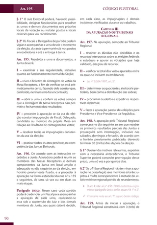 Art. 195
90
CÓDIGO ELEITORAL
§ 1° O Juiz Eleitoral poderá, havendo possi-
bilidade, designar funcionários para recolher
as urnas e demais documentos nos próprios
locais da votação ou instalar postos e locais
diversos para seu recebimento.
§ 2° Os Fiscais e Delegados de partido podem
vigiar e acompanhar a urna desde o momento
da eleição, durante a permanência nos postos
arrecadadores e até a entrega à Junta.
Art. 195. Recebida a urna e documentos, a
Junta deverá:
I – examinar a sua regularidade, inclusive
quanto ao funcionamento normal da Seção;
II – rever o boletim de contagem de votos da
Mesa Receptora, a fim de verificar se está arit-
meticamente certo, fazendo dele constar que,
conferido, nenhum erro foi encontrado;
III – abrir a urna e conferir os votos sempre
que a contagem da Mesa Receptora não per-
mitir o fechamento dos resultados;
IV – proceder à apuração se da ata da elei-
ção constar impugnação de Fiscal, Delegado,
candidato ou membro da própria Mesa em
relação ao resultado de contagem dos votos;
V – resolver todas as impugnações constan-
tes da ata da eleição;
VI – praticar todos os atos previstos na com-
petência das Juntas Eleitorais.
Art. 196. De acordo com as instruções re-
cebidas a Junta Apuradora poderá reunir os
membros das Mesas Receptoras e demais
componentes da Junta em local amplo e
adequado no dia seguinte ao da eleição, em
horário previamente fixado, e a proceder à
apuração na forma estabelecida nos arts. 159
e seguintes, de uma só vez ou em duas ou
mais etapas.
Parágrafo único. Nesse caso cada partido
poderá credenciar um Fiscal para acompanhar
a apuração de cada urna, realizando-se
esta sob a supervisão do Juiz e dos demais
membros da Junta, aos quais caberá decidir,
em cada caso, as impugnações e demais
incidentes verificados durante os trabalhos.
Capítulo III
Da Apuração nos Tribunais
Regionais
Art. 197. Na apuração, compete ao Tribunal
Regional:
I – resolver as dúvidas não decididas e os
recursos interpostos sobre as eleições federais
e estaduais e apurar as votações que haja
validado, em grau de recurso;
II – verificar o total dos votos apurados entre
os quais se incluem os em branco;
ƒƒ Lei n° 9.504/1997, art. 5°.
III – determinar os quocientes, eleitoral e par-
tidário, bem como a distribuição das sobras;
IV – proclamar os eleitos e expedir os respec-
tivos diplomas;
V – fazer a apuração parcial das eleições para
Presidente e Vice-Presidente da República.
Art. 198. A apuração pelo Tribunal Regional
começará no dia seguinte ao em que receber
os primeiros resultados parciais das Juntas e
prosseguirá sem interrupção, inclusive nos
sábados, domingos e feriados, de acordo com
o horário previamente publicado, devendo
terminar 30 (trinta) dias depois da eleição.
§ 1° Ocorrendo motivos relevantes, expostos
com a necessária antecedência, o Tribunal
Superior poderá conceder prorrogação desse
prazo, uma só vez e por quinze dias.
§ 2° Se o Tribunal Regional não terminar a apu-
ração no prazo legal, seus membros estarão su-
jeitos à multa correspondente à metade do sa-
lário mínimo regional por dia de retardamento.
ƒƒ O art. 43 da Lei n° 4.961/1966 substituiu o pri-
mitivo parágrafo único pelos atuais §§ 1° e 2°.
99 V. terceira nota ao art. 7°, caput, deste código.
Art. 199. Antes de iniciar a apuração, o
Tribunal Regional constituirá, com 3 (três) de
 