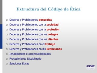  Deberes y Prohibiciones generales
 Deberes y Prohibiciones con la sociedad
 Deberes y Prohibiciones con la profesión
 Deberes y Prohibiciones con los colegas
 Deberes y Prohibiciones con los clientes
 Deberes y Prohibiciones en el trabajo
 Deberes y Prohibiciones en las licitaciones
 Inhabilidades e Incompatibilidades
 Procedimiento Disciplinario
 Sanciones Eticas
 