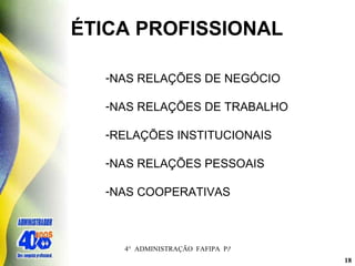 ÉTICA PROFISSIONAL NAS RELAÇÕES DE NEGÓCIO NAS RELAÇÕES DE TRABALHO RELAÇÕES INSTITUCIONAIS NAS RELAÇÕES PESSOAIS NAS COOPERATIVAS 