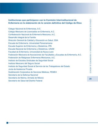 25
Instituciones que participaron con la Comisión Interinstitucional de
Enfermería en la elaboración de la versión definitiva del Código de Ética
Colegio Nacional de Enfermeras, A.C.
Colegio Mexicano de Licenciados en Enfermería, A.C.
Confederación Nacional de Enfermería Mexicana, A.C.
Desarrollo Integral de la Familia
Dirección General de Calidad y Educación en Salud, SSA
Escuela de Enfermería, Universidad Panamericana
Escuela Superior de Enfermería y Obstetricia, IPN
Escuela Nacional de Enfermería y Obstetricia, UNAM
Facultad de Enfermería, Universidad de Nuevo León
Federación Mexicana de Asociaciones de Facultades y Escuelas de Enfermería, A.C.
Federación de Religiosas Enfermeras Mexicanas, A.C.
Instituto de Estudios Sindicales de Seguridad Social
Instituto Mexicano del Seguro Social
Instituto de Seguridad Social al Servicio de los Trabajadores del Estado
Junta de Asistencia Privada
Subdirección Corporativa de Servicios Médicos, PEMEX
Secretaría de la Defensa Nacional
Secretaría de Marina, Armada de México
Secretaría de Salud del Distrito Federal
CÓDIGODEÉTICAPARALASENFERMERASYENFERMEROSDEMÉXICO
 