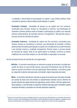 17 
a sociedade e desvinculada da participação no capital e cujos direitos políticos estão 
vinculados às pessoas e desvinculados da participação no capital. 
Sociedades Limitadas - Sociedades de pessoas ou de capital com fins lucrativos, 
constituídas para fornecer serviços ou mercadorias a terceiros, cuja distribuição de 
resultados e direitos políticos estão vinculados à participação no capital, com reduzida 
estrutura administrativa, de controles internos e transparência1. Não permite acesso a 
recursos através do mercado de capitais. 
 Sociedades Anônimas - Sociedades de capital com fins lucrativos, constituídas para 
fornecer serviços ou mercadorias a terceiros, cuja distribuição de resultado e direitos 
políticos estão vinculados à participação no capital, com complexa estrutura administrativa 
e de controles internos e ampliada transparência. Permite acesso a recursos através 
do mercado de capitais. Pode ser de capital aberto ou fechado, conforme os valores 
mobiliários de sua emissão estejam ou não admitidos à negociação no mercado. 
Há três principais formas de controle de uma organização: 
 Definido – O controle é exercido por um acionista ou grupo de acionistas, vinculado por 
acordo de sócios ou sob controle comum, que possui formalmente mais de 50% das 
ações ou quotas com direito a voto da organização. Nesta hipótese, o controle só pode 
ser adquirido mediante alienação pelo controlador original (aquisição derivada). 
 Difuso – O controle é exercido por acionista ou grupo de acionistas que não esteja vinculado 
por acordo de sócios nem sob controle ou representando interesse comum, detentor de 
parcela relevante do capital votante da organização, porém inferior a 50% do capital social. 
Nesta hipótese, o controle pode ser adquirido mediante alienação pelo controlador original 
(aquisição derivada) ou aquisição em mercado (aquisição originária). 
1 Apesar de a lei permitir que essas sociedades partam de uma estrutura administrativa e de controles mais enxuta, 
além de um menor nível de divulgação de informações, o IBGC entende que elas devem objetivar a ampliação de sua 
estrutura administrativa e de controles internos, bem como a adoção de um maior nível de transparência. 
 