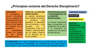 ¿Principios rectores del Derecho Disciplinario?
DIGNIDAD HUMANA
LEGALIDAD.
La investigación y
sanción disciplinaria
solo se realizará por
comportamientos que
estén descritos como
falta en la ley vigente
al momento de su
realización.
La preexistencia
también se predica
de las normas
complementarias.
FINES DE LA SANCIÓN
DISCIPLINARIA.
La sanción disciplinaria
tiene finalidad preventiva
y correctiva, para
garantizar la efectividad
de los principios y fines
previstos en la
Constitución, la ley y los
tratados internacionales,
que se deben observar
en el ejercicio de la
función pública.
PROPORCIONALIDAD
Y RAZONABILIDAD DE
LA SANCIÓN
DISCIPLINARIA.
La sanción disciplinaria
debe corresponder a la
clasificación de la falta y
a su graduación de
acuerdo con los criterios
que fija esta ley.
IGUALDAD
FAVORABILIDAD
ILICITUD
SUSTANCIAL.
<Artículo 2 Ley 2094
de 2021.>
La conducta del
disciplinable será
ilícita cuando afecte
sustancialmente el
deber funcional sin
justificación alguna.
CULPABILIDAD. En materia disciplinaria solo se podrá imponer sanción por
conductas realizadas con culpabilidad. Las conductas solo son sancionables a
título de dolo o culpa. Queda proscrita toda forma de responsabilidad objetiva.
 