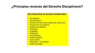 ¿Principios rectores del Derecho Disciplinario?
SON PRINCIPIOS EN MATERIA PROBATORIA:
• Inmediación
• Concentración
• Plenitud de las formas propias de cada juicio
• Presunción de inocencia
• Derecho de defensa
• Celeridad
• Legalidad
• Publicidad
• Contradicción
• Doble instancia
• Juez natural
• Ritualidad – Formalidad
• Duda razonable
 