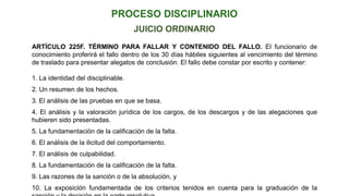 JUICIO ORDINARIO
ARTÍCULO 225F. TÉRMINO PARA FALLAR Y CONTENIDO DEL FALLO. El funcionario de
conocimiento proferirá el fallo dentro de los 30 días hábiles siguientes al vencimiento del término
de traslado para presentar alegatos de conclusión. El fallo debe constar por escrito y contener:
1. La identidad del disciplinable.
2. Un resumen de los hechos.
3. El análisis de las pruebas en que se basa.
4. El análisis y la valoración jurídica de los cargos, de los descargos y de las alegaciones que
hubieren sido presentadas.
5. La fundamentación de la calificación de la falta.
6. El análisis de la ilicitud del comportamiento.
7. El análisis de culpabilidad.
8. La fundamentación de la calificación de la falta.
9. Las razones de la sanción o de la absolución, y
10. La exposición fundamentada de los criterios tenidos en cuenta para la graduación de la
 