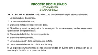 JUICIO VERBAL
JUZGAMIENTO
ARTÍCULO 231. CONTENIDO DEL FALLO. El fallo debe constar por escrito y contener:
1. La identidad del disciplinado.
2. Un resumen de los hechos.
3. El análisis de las pruebas en que se basa.
4. El análisis y la valoración jurídica de los cargos, de los descargos y de las alegaciones
que hubieren sido presentadas.
5. El análisis de la ilicitud del comportamiento.
6. El análisis de culpabilidad.
7. La fundamentación de la calificación de la falta.
8. Las razones de la sanción o de la absolución y
9. La exposición fundamentada de los criterios tenidos en cuenta para la graduación de la
sanción y la decisión en la parte resolutiva.
 