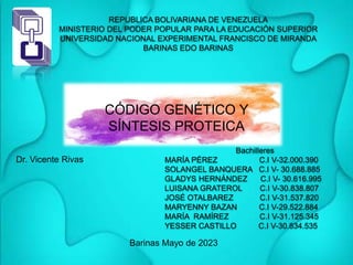 REPUBLICA BOLIVARIANA DE VENEZUELA
MINISTERIO DEL PODER POPULAR PARA LA EDUCACIÓN SUPERIOR
UNIVERSIDAD NACIONAL EXPERIMENTAL FRANCISCO DE MIRANDA
BARINAS EDO BARINAS
Bachilleres
MARÍA PÉREZ C.I V-32.000.390
SOLANGEL BANQUERA C.I V- 30.688.885
GLADYS HERNÁNDEZ C.I V- 30.616.995
LUISANA GRATEROL C.I V-30.838.807
JOSÉ OTALBAREZ C.I V-31.537.820
MARYENNY BAZAN C.I V-29.522.884
MARÍA RAMÍREZ C.I V-31.125.345
YESSER CASTILLO C.I V-30.834.535
Barinas Mayo de 2023
Dr. Vicente Rivas
CÓDIGO GENÉTICO Y
SÍNTESIS PROTEICA
 