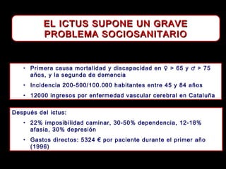 EL ICTUS SUPONE UN GRAVE
PROBLEMA SOCIOSANITARIO

• Primera causa mortalidad y discapacidad en ♀ > 65 y ♂ > 75
años, y la segunda de demencia
• Incidencia 200-500/100.000 habitantes entre 45 y 84 años
• 12000 ingresos por enfermedad vascular cerebral en Cataluña
Después del ictus:
• 22% imposibilidad caminar, 30-50% dependencia, 12-18%
afasia, 30% depresión
• Gastos directos: 5324 € por paciente durante el primer año
(1996)

 