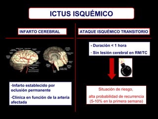 ICTUS ISQUÉMICO
INFARTO CEREBRAL

ATAQUE ISQUÉMICO TRANSITORIO
- Duración < 1 hora
- Sin lesión cerebral en RM/TC

-Infarto establecido por
oclusión permanente
-Clínica en función de la arteria
afectada

Situación de riesgo,
alta probabilidad de recurrencia
(5-10% en la primera semana)

 