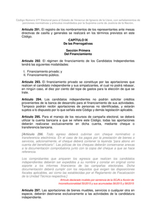 Código Número 577 Electoral para el Estado de Veracruz de Ignacio de la Llave, con señalamientos de
porciones normativas y artículos invalidados por la Suprema corte de Justicia de la Nación.
Artículo 291. El registro de los nombramientos de los representantes ante mesas
directivas de casilla y generales se realizará en los términos previstos en este
Código.
CAPÍTULO IX
De las Prerrogativas
Sección Primera
Del Financiamiento
Artículo 292. El régimen de financiamiento de los Candidatos Independientes
tendrá las siguientes modalidades:
I. Financiamiento privado; y
II. Financiamiento público.
Artículo 293. El financiamiento privado se constituye por las aportaciones que
realicen el candidato independiente y sus simpatizantes, el cual no podrá rebasar,
en ningún caso, el diez por ciento del tope de gastos para la elección de que se
trate.
Artículo 294. Los candidatos independientes no podrán solicitar créditos
provenientes de la banca de desarrollo para el financiamiento de sus actividades.
Tampoco podrán recibir aportaciones de personas no identificadas, y estarán
sujetos a lo dispuesto por lo que señala este Código y demás legislación aplicable.
Artículo 295. Para el manejo de los recursos de campaña electoral, se deberá
utilizar la cuenta bancaria a que se refiere este Código; todas las aportaciones
deberán realizarse exclusivamente en dicha cuenta, mediante cheque o
transferencia bancaria.
[Artículo 296. Todo egreso deberá cubrirse con cheque nominativo o
transferencia electrónica. En el caso de los pagos por la prestación de bienes o
servicios, adicionalmente, el cheque deberá contener la leyenda “para abono en
cuenta del beneficiario”. Las pólizas de los cheques deberán conservarse anexas
a la documentación comprobatoria junto con la copia del cheque a que se hace
referencia.
Los comprobantes que amparen los egresos que realicen los candidatos
independientes deberán ser expedidos a su nombre y constar en original como
soporte a los informes financieros de las campañas electorales. Dicha
documentación deberá cumplir con los requisitos que exigen las disposiciones
fiscales aplicables, así como las establecidas por el Reglamento de Fiscalización
de la Unidad Técnica respectiva.]
Artículo declarado inválido por sentencia de la SCJN a Acción de
Inconstitucionalidad 50/2015 y sus acumuladas 56/2015 y 58/2015
Artículo 297. Las aportaciones de bienes muebles, servicios o cualquier otra en
especie, deberán destinarse exclusivamente a las actividades de la candidatura
independiente.
 