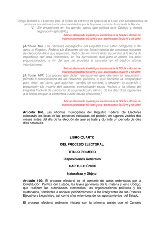 Código Número 577 Electoral para el Estado de Veracruz de Ignacio de la Llave, con señalamientos de
porciones normativas y artículos invalidados por la Suprema corte de Justicia de la Nación.
IV. Se encuentren en los demás casos que señala este Código y demás
legislación aplicable.]
Artículo declarado inválido por sentencia de la SCJN a Acción de
Inconstitucionalidad 50/2015 y sus acumuladas 56/2015 y 58/2015
[Artículo 166. Los Oficiales encargados del Registro Civil están obligados a dar
aviso al Registro Federal de Electores de los fallecimientos de personas mayores
de dieciocho años que registren, dentro de los treinta días siguientes a la fecha de
expedición del acta respectiva, en los formularios que para el efecto les sean
proporcionados, a fin de que se proceda a cancelar en el padrón dichas
inscripciones.]
Artículo declarado inválido por sentencia de la SCJN a Acción de
Inconstitucionalidad 50/2015 y sus acumuladas 56/2015 y 58/2015
[Artículo 167. Los jueces que dicten resoluciones que decreten la suspensión,
pérdida o rehabilitación de los derechos políticos, o que decreten la incapacidad
para votar, así como que autoricen cambio de nombre, o declaren la ausencia o
presunción de muerte del ausente, comunicarán estos hechos a la oficina del
Registro Federal de Electores de su jurisdicción, dentro de los diez días siguientes
a la fecha en que la sentencia o auto cause ejecutoria.]
Artículo declarado inválido por sentencia de la SCJN a Acción de
Inconstitucionalidad 50/2015 y sus acumuladas 56/2015 y 58/2015
Artículo 168. Las oficinas municipales del Registro Federal de Electores
colocarán las listas de las personas excluidas del padrón, en lugares visibles dos
meses antes del día de la elección de que se trate y durante un período de diez
días naturales.
LIBRO CUARTO
DEL PROCESO ELECTORAL
TÍTULO PRIMERO
Disposiciones Generales
CAPÍTULO ÚNICO
Naturaleza y Objeto
Artículo 169. El proceso electoral es el conjunto de actos ordenados por la
Constitución Política del Estado, las leyes generales de la materia y este Código,
que realizan las autoridades electorales, las organizaciones políticas y los
ciudadanos, tendentes a renovar periódicamente a los integrantes de los Poderes
Ejecutivo y Legislativo, así como a los miembros de los ayuntamientos del Estado.
El proceso electoral ordinario iniciará con la primera sesión que el Consejo
 
