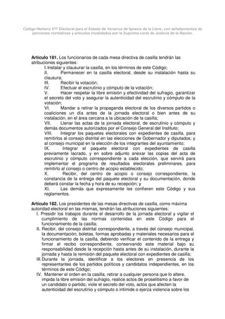 Código Número 577 Electoral para el Estado de Veracruz de Ignacio de la Llave, con señalamientos de
porciones normativas y artículos invalidados por la Suprema corte de Justicia de la Nación.
Artículo 181. Los funcionarios de cada mesa directiva de casilla tendrán las
atribuciones siguientes:
I.Instalar y clausurar la casilla, en los términos de este Código;
II. Permanecer en la casilla electoral, desde su instalación hasta su
clausura;
III. Recibir la votación;
IV. Efectuar el escrutinio y cómputo de la votación;
V. Hacer respetar la libre emisión y efectividad del sufragio, garantizar
el secreto del voto y asegurar la autenticidad del escrutinio y cómputo de la
votación;
VI. Mandar a retirar la propaganda electoral de los diversos partidos o
coaliciones un día antes de la jornada electoral o bien antes de su
instalación, en el área cercana a la ubicación de la casilla;
VII. Llenar las actas de la jornada electoral, de escrutinio y cómputo y
demás documentos autorizados por el Consejo General del Instituto;
VIII. Integrar los paquetes electorales con expedientes de casilla, para
remitirlos al consejo distrital en las elecciones de Gobernador y diputados; y
al consejo municipal en la elección de los integrantes del ayuntamiento;
IX. Integrar el paquete electoral con expedientes de casilla
previamente lacrado, y en sobre adjunto anexar las copias del acta de
escrutinio y cómputo correspondiente a cada elección, que servirá para
implementar el programa de resultados electorales preliminares, para
remitirlo al consejo o centro de acopio establecido;
X. Recibir, del centro de acopio o consejo correspondiente, la
constancia de la entrega del paquete electoral y su documentación, donde
deberá constar la fecha y hora de su recepción; y
XI. Las demás que expresamente les confieren este Código y sus
reglamentos.
Artículo 182. Los presidentes de las mesas directivas de casilla, como máxima
autoridad electoral en las mismas, tendrán las atribuciones siguientes:
I. Presidir los trabajos durante el desarrollo de la jornada electoral y vigilar el
cumplimiento de las normas contenidas en este Código para el
funcionamiento de la casilla;
II. Recibir, del consejo distrital correspondiente, a través del consejo municipal,
la documentación, boletas, formas aprobadas y materiales necesarios para el
funcionamiento de la casilla, debiendo verificar el contenido de la entrega y
firmar el recibo correspondiente, conservando este material bajo su
responsabilidad desde la recepción hasta antes de su instalación, durante la
jornada y hasta la remisión del paquete electoral con expedientes de casilla;
III.Durante la jornada, identificar a los electores en presencia de los
representantes de los partidos políticos y candidatos independientes, en los
términos de este Código;
IV. Mantener el orden en la casilla, retirar a cualquier persona que lo altere,
impida la libre emisión del sufragio, realice actos de proselitismo a favor de
un candidato o partido, viole el secreto del voto, actos que afecten la
autenticidad del escrutinio y cómputo o intimide o ejerza violencia sobre los
 