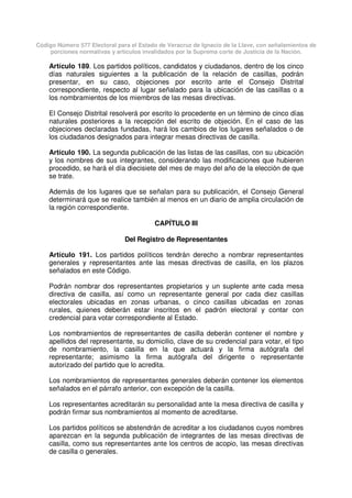 Código Número 577 Electoral para el Estado de Veracruz de Ignacio de la Llave, con señalamientos de
porciones normativas y artículos invalidados por la Suprema corte de Justicia de la Nación.
Artículo 189. Los partidos políticos, candidatos y ciudadanos, dentro de los cinco
días naturales siguientes a la publicación de la relación de casillas, podrán
presentar, en su caso, objeciones por escrito ante el Consejo Distrital
correspondiente, respecto al lugar señalado para la ubicación de las casillas o a
los nombramientos de los miembros de las mesas directivas.
El Consejo Distrital resolverá por escrito lo procedente en un término de cinco días
naturales posteriores a la recepción del escrito de objeción. En el caso de las
objeciones declaradas fundadas, hará los cambios de los lugares señalados o de
los ciudadanos designados para integrar mesas directivas de casilla.
Artículo 190. La segunda publicación de las listas de las casillas, con su ubicación
y los nombres de sus integrantes, considerando las modificaciones que hubieren
procedido, se hará el día diecisiete del mes de mayo del año de la elección de que
se trate.
Además de los lugares que se señalan para su publicación, el Consejo General
determinará que se realice también al menos en un diario de amplia circulación de
la región correspondiente.
CAPÍTULO III
Del Registro de Representantes
Artículo 191. Los partidos políticos tendrán derecho a nombrar representantes
generales y representantes ante las mesas directivas de casilla, en los plazos
señalados en este Código.
Podrán nombrar dos representantes propietarios y un suplente ante cada mesa
directiva de casilla, así como un representante general por cada diez casillas
electorales ubicadas en zonas urbanas, o cinco casillas ubicadas en zonas
rurales, quienes deberán estar inscritos en el padrón electoral y contar con
credencial para votar correspondiente al Estado.
Los nombramientos de representantes de casilla deberán contener el nombre y
apellidos del representante, su domicilio, clave de su credencial para votar, el tipo
de nombramiento, la casilla en la que actuará y la firma autógrafa del
representante; asimismo la firma autógrafa del dirigente o representante
autorizado del partido que lo acredita.
Los nombramientos de representantes generales deberán contener los elementos
señalados en el párrafo anterior, con excepción de la casilla.
Los representantes acreditarán su personalidad ante la mesa directiva de casilla y
podrán firmar sus nombramientos al momento de acreditarse.
Los partidos políticos se abstendrán de acreditar a los ciudadanos cuyos nombres
aparezcan en la segunda publicación de integrantes de las mesas directivas de
casilla, como sus representantes ante los centros de acopio, las mesas directivas
de casilla o generales.
 
