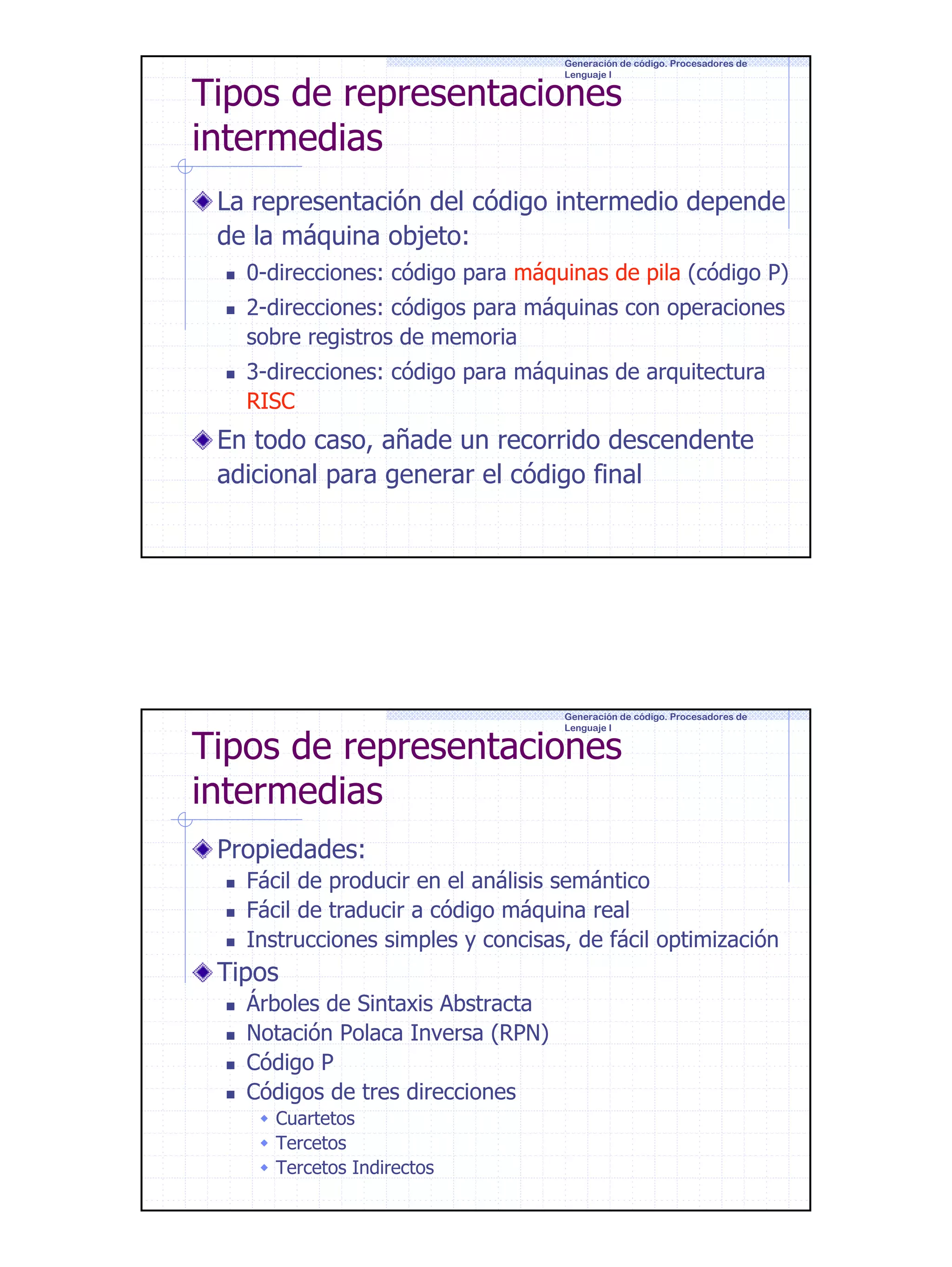 Generación de código. Procesadores de
Lenguaje I

Tipos de representaciones
intermedias

La representación del código intermedio depende
de la máquina objeto:
0-direcciones: código para máquinas de pila (código P)
2-direcciones: códigos para máquinas con operaciones
sobre registros de memoria
3-direcciones: código para máquinas de arquitectura
RISC

En todo caso, añade un recorrido descendente
adicional para generar el código final

Generación de código. Procesadores de
Lenguaje I

Tipos de representaciones
intermedias
Propiedades:

Fácil de producir en el análisis semántico
Fácil de traducir a código máquina real
Instrucciones simples y concisas, de fácil optimización

Tipos
Árboles de Sintaxis Abstracta
Notación Polaca Inversa (RPN)
Código P
Códigos de tres direcciones
Cuartetos
Tercetos
Tercetos Indirectos

3

 