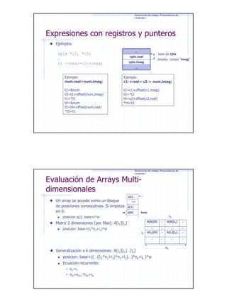 Generación de código. Procesadores de
Lenguaje I

Expresiones con registros y punteros
Ejemplos
…

cplx *c1, *c2;
…
c1 ->real=c2->imag;

base de cplx

cplx.real

desplaz. campo “imag”

cplx.imag
…

Ejemplo:
num.real=num.imag;

Ejemplo:
c1->real= c2-> num.imag;

t2=&num
t3=t1+offset(num,imag)
t1=*t1
t4=&num
t5=t4+offset(num,real)
*t5=t1

t2=c1+offset(c1,imag)
t3=*t2
t4=c2+offset(c2,real)
*t4=t3

Generación de código. Procesadores de
Lenguaje I

Evaluación de Arrays Multidimensionales
Un array se accede como un bloque
de posiciones consecutivas. Si empieza
en 0:
w

a[i]

…

a[1]
a[0]

base
i2

posicion a[i]: base+i*w
A[0][0]

Matriz 2 dimensiones (por filas): A[i1][i2]
posicion: base+(i1*n2+i2)*w

…

A[0][i2]

…

…

…

…

…

A[i1][0]

…

A[i1][i2]

…

…

i1

…

…

…

Generalización a k dimensiones: A[i1][i2]…[ik]

n2

posicion: base+((…((i1*n2+i2)*n3+i3)…)*nk+ik )*w
Ecuación recurrente:
e1=i1
em=em-1*nm+im

17

 