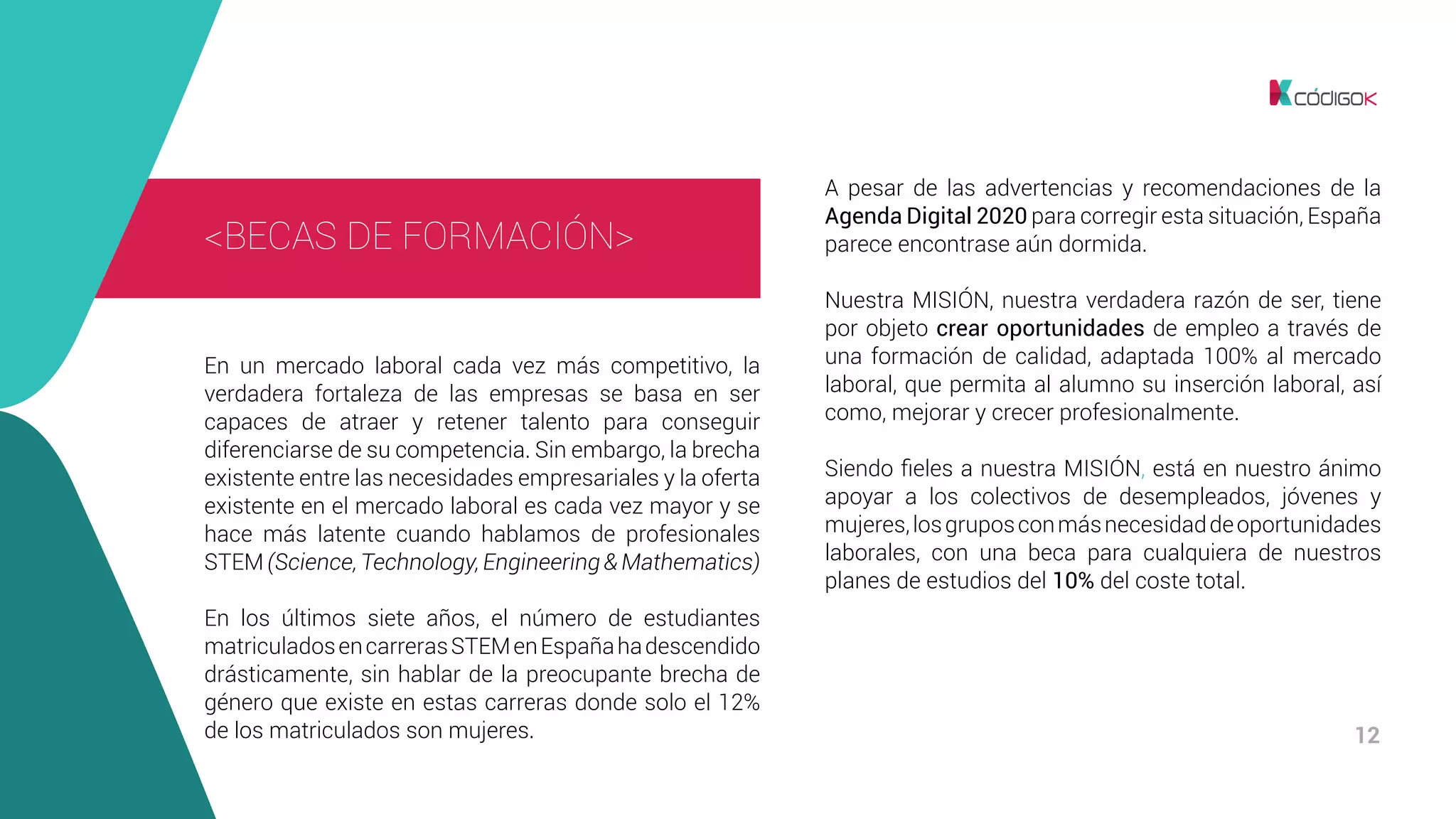 12
En un mercado laboral cada vez más competitivo, la
verdadera fortaleza de las empresas se basa en ser
capaces de atraer y retener talento para conseguir
diferenciarse de su competencia. Sin embargo, la brecha
existente entre las necesidades empresariales y la oferta
existente en el mercado laboral es cada vez mayor y se
hace más latente cuando hablamos de profesionales
STEM (Science, Technology, Engineering & Mathematics)
En los últimos siete años, el número de estudiantes
matriculadosencarrerasSTEMenEspañahadescendido
drásticamente, sin hablar de la preocupante brecha de
género que existe en estas carreras donde solo el 12%
de los matriculados son mujeres.
A pesar de las advertencias y recomendaciones de la
Agenda Digital 2020 para corregir esta situación, España
parece encontrase aún dormida.
Nuestra MISIÓN, nuestra verdadera razón de ser, tiene
por objeto crear oportunidades de empleo a través de
una formación de calidad, adaptada 100% al mercado
laboral, que permita al alumno su inserción laboral, así
como, mejorar y crecer profesionalmente.
Siendo fieles a nuestra MISIÓN, está en nuestro ánimo
apoyar a los colectivos de desempleados, jóvenes y
mujeres,losgruposconmásnecesidaddeoportunidades
laborales, con una beca para cualquiera de nuestros
planes de estudios del 10% del coste total.
<BECAS DE FORMACIÓN>
 