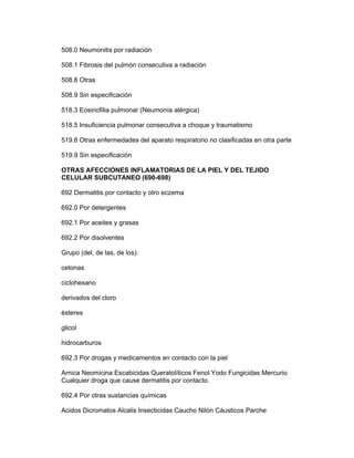 508.0 Neumonitis por radiación

508.1 Fibrosis del pulmón consecutiva a radiación

508.8 Otras

508.9 Sin especificación

518.3 Eosinofilia pulmonar (Neumonía alérgica)

518.5 Insuficiencia pulmonar consecutiva a choque y traumatismo

519.8 Otras enfermedades del aparato respiratorio no clasificadas en otra parte

519.9 Sin especificación

OTRAS AFECCIONES INFLAMATORIAS DE LA PIEL Y DEL TEJIDO
CELULAR SUBCUTANEO (690-698)

692 Dermatitis por contacto y otro eczema

692.0 Por detergentes

692.1 Por aceites y grasas

692.2 Por disolventes

Grupo (del, de las, de los):

cetonas

ciclohexano

derivados del cloro

ésteres

glicol

hidrocarburos

692.3 Por drogas y medicamentos en contacto con la piel

Arnica Neomicina Escabicidas Queratolíticos Fenol Yodo Fungicidas Mercurio
Cualquier droga que cause dermatitis por contacto.

692.4 Por otras sustancias químicas

Acidos Dicromatos Alcalis Insecticidas Caucho Nilón Cáusticos Parche
 