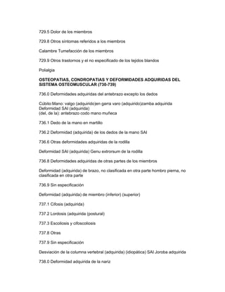 729.5 Dolor de los miembros

729.8 Otros síntomas referidos a los miembros

Calambre Tumefacción de los miembros

729.9 Otros trastornos y el no especificado de los tejidos blandos

Polialgia

OSTEOPATIAS, CONDROPATIAS Y DEFORMIDADES ADQUIRIDAS DEL
SISTEMA OSTEOMUSCULAR (730-739)

736.0 Deformidades adquiridas del antebrazo excepto los dedos

Cúbito:Mano: valgo (adquirido)en garra varo (adquirido)zamba adquirida
Deformidad SAI (adquirida)
(del, de la): antebrazo codo mano muñeca

736.1 Dedo de la mano en martillo

736.2 Deformidad (adquirida) de los dedos de la mano SAI

736.6 Otras deformidades adquiridas de la rodilla

Deformidad SAI (adquirida) Genu extrorsum de la rodilla

736.8 Deformidades adquiridas de otras partes de los miembros

Deformidad (adquirida) de brazo, no clasificada en otra parte hombro pierna, no
clasificada en otra parte

736.9 Sin especificación

Deformidad (adquirida) de miembro (inferior) (superior)

737.1 Cifosis (adquirida)

737.2 Lordosis (adquirida (postural)

737.3 Escoliosis y cifoscoliosis

737.8 Otras

737.9 Sin especificación

Desviación de la columna vertebral (adquirida) (idiopática) SAI Joroba adquirida

738.0 Deformidad adquirida de la nariz
 