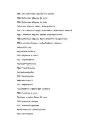 738.1 Otra deformidad adquirida de la cabeza

738.2 Deformidad adquirida del cuello

738.3 Deformidad adquirida del tórax

Deformidad adquirida de las costillas y del tórax

738.5 Otra deformidad adquirida del dorso o de la columna vertebral

738.8 Deformidad adquirida de otros sitios especificados

738.9 Deformidad adquirida de sitio anatómico no especificado

739 Lesiones analopáticas no clasificadas en otra parte

Incluye:disfunción:

segmentaria somática

739.0 Región de la cabeza

739.1 Región cervical

Región cérvico torácica

739.2 Región toráxica

Región toracolumbar

739.3 Región lumbar

Región lumbosacra

739.4 Región sacra

Región sacrococcígea Región sacroilíaca

739.5 Región de la pelvis

Región de la cadera Región del pubis

739.6 Miembros inferiores

739.7 Miembros superiores

Acromioclavicular Esternoclavicular

739.8 Parrilla costal
 