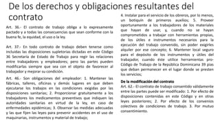 De los derechos y obligaciones resultantes del
contrato
Art. 36.- El contrato de trabajo obliga a lo expresamente
pactado y a todas las consecuencias que sean conforme con la
buena fe, la equidad, el uso o la ley.
Art. 37.- En todo contrato de trabajo deben tenerse como
incluidas las disposiciones supletorias dictadas en este Código
36 Secretaría de Estado de Trabajo para regir las relaciones
entre trabajadores y empleadores; pero las partes pueden
modificarlas siempre que sea con el objeto de favorecer al
trabajador y mejorar su condición.
4. Instalar para el servicio de los obreros, por lo menos,
un botiquín de primeros auxilios; 5. Proveer
oportunamente a los trabajadores de los materiales
que hayan de usar, y, cuando no se hayan
comprometidos a trabajar con herramientas propias,
de los útiles e instrumentos necesarios para la
ejecución del trabajo convenido, sin poder exigirles
alquiler por ese concepto; 6. Mantener local seguro
para el depósito de los instrumentos y útiles del
trabajador, cuando éste utilice herramientas pro-
Código de Trabajo de la República Dominicana 39 pias
que deban permanecer en el lugar donde se presten
los servicios;
Art. 46.- Son obligaciones del empleador: 1. Mantener las
fábricas, talleres, oficinas y demás lugares en que deben
ejecutarse los trabajos en las condiciones exigidas por las
disposiciones sanitarias; 2. Proporcionar gratuitamente a los
trabajadores los medicamentos preventivos que indiquen las
autoridades sanitarias en virtud de la ley, en caso de
enfermedades epidémicas; 3. Observar las medidas adecuadas
y las que fijen las leyes para prevenir accidentes en el uso de
maquinarias, instrumentos y material de trabajo;
De la modificación del contrato
Art. 62.- El contrato de trabajo consentido válidamente
entre las partes puede ser modificado: 1. Por efecto de
disposiciones contenidas en este Código y en otras
leyes posteriores; 2. Por efecto de los convenios
colectivos de condiciones de trabajo. 3. Por mutuo
consentimiento.
 