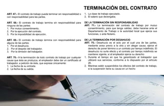 TERMINACIÓN DEL CONTRATO
ART. 67.- El contrato de trabajo puede terminar sin responsabilidad o
con responsabilidad para las partes.
ART. 68.- El contrato de trabajo termina sin responsabilidad para
ninguna de las partes:
1. Por mutuo consentimiento.
2. Por la ejecución del contrato.
3. Por la imposibilidad de ejecución.
ART. 69.- El contrato de trabajo termina con responsabilidad para
alguna de las partes:
1. Por el desahucio.
2. Por el despido del trabajador.
3. Por la dimisión del trabajador.
ART. 70.- A la terminación de todo contrato de trabajo por cualquier
causa que ésta se produzca, el empleador debe dar un certificado al
trabajador, a petición de éste, que exprese únicamente:
1. La fecha de su entrada.
2. La fecha de su salida.
1. La clase de trabajo ejecutado.
2. El salario que devengaba.
DE LA TERMINACIÓN SIN RESPONSABILIDAD
ART. 71.- La terminación del contrato de trabajo por mutuo
consentimiento, para que tenga validez, debe hacerse ante el
Departamento de Trabajo o la autoridad local que ejerza sus
funciones, o ante Notario.
DE LA TERMINACIÓN POR DESAHUCIO
ART. 75.- Desahucio es el acto por el cual una de las partes,
mediante aviso previo a la otra y sin alegar causa, ejerce el
derecho de poner término a un contrato por tiempo indefinido. El
desahucio no surte efecto y el contrato por tiempo indefinido se
mantiene vigente, si el empleador ejerce su derecho:
1. Durante el tiempo en que ha garantizado al trabajador que
utilizará sus servicios, conforme a lo dispuesto por el artículo
26.
2. Mientras estén suspendidos los efectos del contrato de trabajo,
si la suspensión tiene su causa en un hecho
http://conceptodefinicion.de/wp-content/uploads/2015/10/contrato-de-publicidad-2.jpg
 