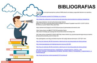 BIBLIOGRAFIAS
-http://destelao.com/opiniones/opinion-publica/16999-derecho-al-trabajo-y-seguridad-laboral-en-la-republica-
dominicana
-https://es.wikipedia.org/wiki/C%C3%B3digo_de_comercio
-http://desarrollo-profesional.universia.es/mercado-laboral/tus-derechos/derechos-deberes-trabajadores/
-http://www.slideshare.net/JatnnaAlcantara/codigo-laboral-
69992776?ref=http://practicaprofesionalarqll.blogspot.com/search?updated-max=2016-12-09T10:05:00-
08:00&max-results=7&start=7&by-date=false
-https://wilmermorel.blogspot.com/2015/03/principios-fundamentales-del-derecho.html
-https://www.emaze.com/@AZFTFWFQ/Presentation-Name
-http://www.mintrabajo.gov.co/preguntas-frecuentes/contrato-de-trabajo.html
-http://web.archive.org/web/20110524214807/http://www.cinterfor.org.uy/public/spanish/region/ampro/cinterfor/
temas/youth/eventos/rep_dom/ii/v/index.htm
-http://pedrogalvez.over-blog.com/article-resumen-del-codigo-laboral-dominicano-123712511.html
-http://hoy.com.do/la-ley-340-06-incremento-o-disminucion-en-los-presupuestos-de-obras-publicas/
-http://www.buenastareas.com/materias/resumen-de-la-ley-340-06/0
-http://hoy.com.do/la-ley-340-06-incremento-o-disminucion-en-los-presupuestos-de-obras-publicas/
-http://itla.edu.do/transparencia/marco_legal/Sistema_Transpa/Leyes/Ley_340-06_y_449-
06_sobre_Compras_y_Contrataciones_de_Bienes,_Servicios,_Obras_y_Concesiones_y_reglamentacion_co
mplementaria.pdf
-http://fonper.gob.do/wp-content/uploads/2012/10/umbral.pdf
 