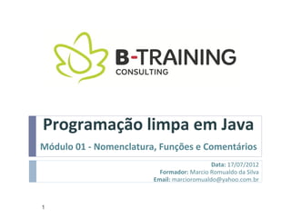 Programação limpa em Java
Módulo 01 - Nomenclatura, Funções e Comentários
                                            Data: 17/07/2012
                          Formador: Marcio Romualdo da Silva
                        Email: marcioromualdo@yahoo.com.br



1
 