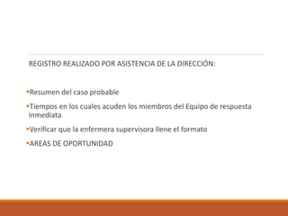 REGISTRO REALIZADO POR ASISTENCIA DE LA DIRECCIÓN:
Resumen del caso probable
Tiempos en los cuales acuden los miembros del Equipo de respuesta
inmediata
Verificar que la enfermera supervisora llene el formato
AREAS DE OPORTUNIDAD
 