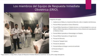 Los miembros del Equipo de Respuesta Inmediata
Obstétrica (ERIO).
Triage Obstétrico, Código Mater y Equipo de Respuesta Inmediata Obstétrica Lineamiento Técnico, 2016, cnegsr.salud.gob.mx
 