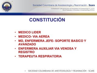 MEDICO LIDER MEDICO- VIA AEREA MD, ENFERMERA JEFE- SOPORTE BASICO Y AVANZADO ENFERMERA AUXILIAR VIA VENOSA Y REGISTRO TERAPEUTA RESPIRATORIA CONSTITUCIÓN SOCIEDAD COLOMBIANA DE ANESTESIOLOGÍA Y REANIMACIÓN - SCARE 
