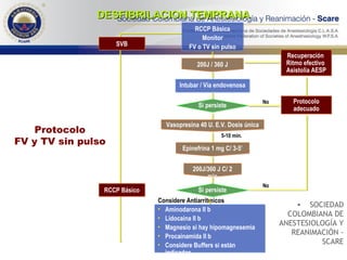 Protocolo FV y TV sin pulso DESFIBRILACION TEMPRANA SOCIEDAD COLOMBIANA DE ANESTESIOLOGÍA Y REANIMACIÓN - SCARE RCCP Básica Monitor FV o TV sin pulso 200J / 360 J Intubar / Vía endovenosa Si persiste Vasopresina 40 U. E.V. Dosis única Epinefrina 1 mg C/ 3-5’ 5-10 min. 200J/360 J C/ 2 min Si persiste Considere Antiarrítmicos Aminodarona II b Lidocaina II b Magnesio si hay hipomagnesemia Procainamida II b Considere Buffers si están indicados Recuperación  Ritmo efectivo  Asistolia AESP No Protocolo adecuado No SVB RCCP Básico 