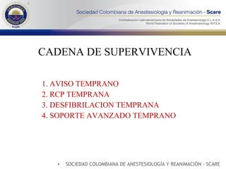 CADENA DE SUPERVIVENCIA 1. AVISO TEMPRANO 2. RCP TEMPRANA 3. DESFIBRILACION TEMPRANA 4. SOPORTE AVANZADO TEMPRANO SOCIEDAD COLOMBIANA DE ANESTESIOLOGÍA Y REANIMACIÓN - SCARE 