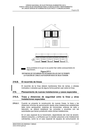 CÓDIGO NACIONAL DE ELECTRICIDAD (SUMINISTRO 2011) 
PARTE 2 REGLAS DE SEGURIDAD PARA LA INSTALACIÓN Y MANTENIMIENTO 
DE LINEAS AÉREAS DE SUMINISTRO ELÉCTRICO Y COMUNICACIONES 
Pagina 96 
. 
Zona prohibida en la que no se pueden fijar cables autosoportados de 
baja tensión. 
Figura 217-1 
DISTANCIAS DE SEGURIDAD EN FACHADAS EN LAS QUE SE PERMITE 
LA FIJACIÓN DE CABLES AUTOSOPORTADOS DE BAJA TENSIÓN 
218.B. El recorrido de líneas 
El recorrido de la línea deberá mantenerse libre de ramas, o árboles 
inclinados o volcados que de alguna forma podrían caer sobre la línea. 
219. Planeamiento de nuevas instalaciones y casos especiales 
219.A. Traza y distancias de seguridad entre la línea y otras 
instalaciones especiales 
219.A.1. Cuando se proyecte la construcción de nuevas líneas, la traza y las 
distancias mínimas de aproximación desde otras instalaciones establecidas 
tales como aeropuertos, sistemas de microondas, antenas de radio y 
televisión, se deberá establecer las consultas y acuerdos con las 
autoridades que tienen jurisdicción sobre dichas instalaciones. 
En el caso especial de la transmisión, dependiendo del nivel de tensión, 
deberá evaluarse, y verificarse que no existan perjuicios a las instalaciones 
colindantes, como es el caso especial de equipos de comunicación de 
MINISTERIO DE ENERGÍA Y MINAS 2011 
www.minem.gob.pe 
 