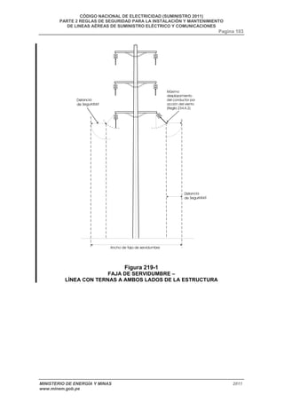 CÓDIGO NACIONAL DE ELECTRICIDAD (SUMINISTRO 2011) 
PARTE 2 REGLAS DE SEGURIDAD PARA LA INSTALACIÓN Y MANTENIMIENTO 
DE LINEAS AÉREAS DE SUMINISTRO ELÉCTRICO Y COMUNICACIONES 
Pagina 103 
Figura 219-1 
FAJA DE SERVIDUMBRE – 
LÍNEA CON TERNAS A AMBOS LADOS DE LA ESTRUCTURA 
MINISTERIO DE ENERGÍA Y MINAS 2011 
www.minem.gob.pe 
 