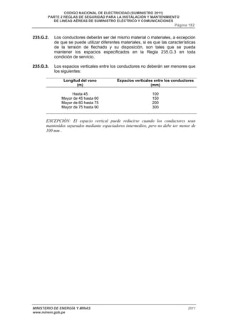 CODIGO NACIONAL DE ELECTRICIDAD (SUMINISTRO 2011) 
PARTE 2 REGLAS DE SEGURIDAD PARA LA INSTALACIÓN Y MANTENIMIENTO 
DE LINEAS AÉREAS DE SUMINISTRO ELÉCTRICO Y COMUNICACIONES 
Página 182 
235.G.2. Los conductores deberán ser del mismo material o materiales, a excepción 
de que se puede utilizar diferentes materiales, si es que las características 
de la tensión de flechado y su disposición, son tales que se pueda 
mantener los espacios especificados en la Regla 235.G.3 en toda 
condición de servicio. 
235.G.3. Los espacios verticales entre los conductores no deberán ser menores que 
los siguientes: 
Longitud del vano 
(m) 
Espacios verticales entre los conductores 
(mm) 
Hasta 45 
Mayor de 45 hasta 60 
Mayor de 60 hasta 75 
Mayor de 75 hasta 90 
100 
150 
200 
300 
EXCEPCIÓN: El espacio vertical puede reducirse cuando los conductores sean 
mantenidos separados mediante espaciadores intermedios, pero no debe ser menor de 
100 mm . 
MINISTERIO DE ENERGÍA Y MINAS 2011 
www.minem.gob.pe 
 