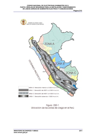 CODIGO NACIONAL DE ELECTRICIDAD (SUMINISTRO 2011) 
PARTE 2 REGLAS DE SEGURIDAD PARA LA INSTALACIÓN Y MANTENIMIENTO 
DE LINEAS AÉREAS DE SUMINISTRO ELÉCTRICO Y COMUNICACIONES 
Página 213 
MINISTERIO DE ENERGÍA Y MINAS 2011 
www.minem.gob.pe 
 