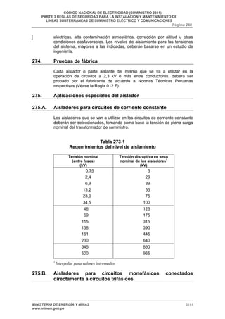 CÓDIGO NACIONAL DE ELECTRICIDAD (SUMINISTRO 2011) 
PARTE 3 REGLAS DE SEGURIDAD PARA LA INSTALACIÓN Y MANTENIMIENTO DE 
LÍNEAS SUBTERRÁNEAS DE SUMINISTRO ELÉCTRICO Y COMUNICACIONES 
Página 240 
eléctricas, alta contaminación atmosférica, corrección por altitud u otras 
condiciones desfavorables. Los niveles de aislamiento para las tensiones 
del sistema, mayores a las indicadas, deberán basarse en un estudio de 
ingeniería. 
274. Pruebas de fábrica 
Cada aislador o parte aislante del mismo que se va a utilizar en la 
operación de circuitos a 2,3 kV o más entre conductores, deberá ser 
probado por el fabricante de acuerdo a Normas Técnicas Peruanas 
respectivas (Véase la Regla 012.F). 
275. Aplicaciones especiales del aislador 
275.A. Aisladores para circuitos de corriente constante 
Los aisladores que se van a utilizar en los circuitos de corriente constante 
deberán ser seleccionados, tomando como base la tensión de plena carga 
nominal del transformador de suministro. 
Tabla 273-1 
Requerimientos del nivel de aislamiento 
Tensión nominal 
(entre fases) 
(kV) 
Tensión disruptiva en seco 
nominal de los aisladores1 
(kV) 
0,75 
2,4 
6,9 
13,2 
23,0 
34,5 
5 
20 
39 
55 
75 
100 
46 
69 
115 
138 
161 
230 
125 
175 
315 
390 
445 
640 
345 
500 
830 
965 
1 Interpolar para valores intermedios 
275.B. Aisladores para circuitos monofásicos conectados 
directamente a circuitos trifásicos 
MINISTERIO DE ENERGÍA Y MINAS 2011 
www.minem.gob.pe 
 