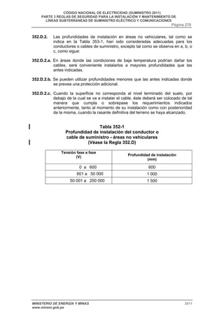 CÓDIGO NACIONAL DE ELECTRICIDAD (SUMINISTRO 2011) 
PARTE 3 REGLAS DE SEGURIDAD PARA LA INSTALACIÓN Y MANTENIMIENTO DE 
LÍNEAS SUBTERRÁNEAS DE SUMINISTRO ELÉCTRICO Y COMUNICACIONES 
Página 270 
352.D.2. Las profundidades de instalación en áreas no vehiculares, tal como se 
indica en la Tabla 353-1, han sido consideradas adecuadas para los 
conductores o cables de suministro, excepto tal como se observa en a, b, o 
c, como sigue: 
352.D.2.a. En áreas donde las condiciones de baja temperatura podrían dañar los 
cables, será conveniente instalarlos a mayores profundidades que las 
antes indicadas. 
352.D.2.b. Se pueden utilizar profundidades menores que las antes indicadas donde 
se prevea una protección adicional. 
352.D.2.c. Cuando la superficie no corresponda al nivel terminado del suelo, por 
debajo de la cual se va a instalar el cable, éste deberá ser colocado de tal 
manera que cumpla o sobrepase los requerimientos indicados 
anteriormente, tanto al momento de su instalación como con posterioridad 
de la misma, cuando la rasante definitiva del terreno se haya alcanzado. 
Tabla 352-1 
Profundidad de instalación del conductor o 
cable de suministro - áreas no vehiculares 
(Véase la Regla 352.D) 
Tensión fase a fase 
(V) 
Profundidad de instalación 
(mm) 
0 a 600 600 
601 a 50 000 1 000 
50 001 a 250 000 1 500 
MINISTERIO DE ENERGÍA Y MINAS 2011 
www.minem.gob.pe 
 